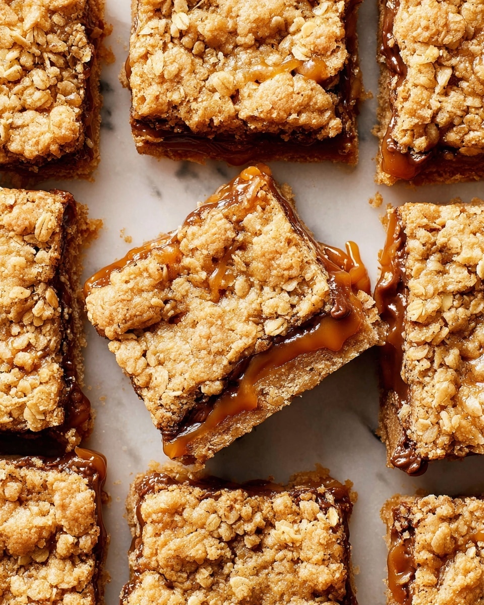 The image shows a close-up of several square oat bars arranged closely together on a white marbled surface. Each bar has three visible layers: a bottom oat layer that looks firm and crumbly with oat flakes, a middle layer of melted caramel and chocolate that appears sticky and slightly glossy, and a top oat layer that is crumbly and textured with more visible oats. One bar is lifted slightly above the others, showing the thick middle caramel and chocolate filling oozing slightly around the edges. Photo taken with an iphone --ar 4:5 --v 7