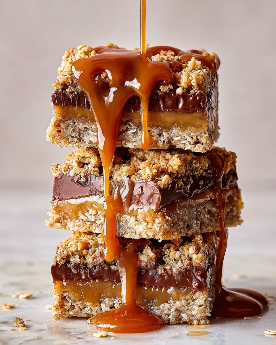 The image shows a stack of three thick bars with three layers each. The bottom and top layers are golden brown and crumbly with visible oats, looking crunchy and textured. The middle layer is rich chocolate, smooth and creamy, slightly melting and oozing out. Thick, shiny caramel sauce is being poured on top, dripping down all the bars and glistening as it falls over the edges. The bars sit on a white marbled textured surface with scattered oats around. Photo taken with an iphone --ar 4:5 --v 7