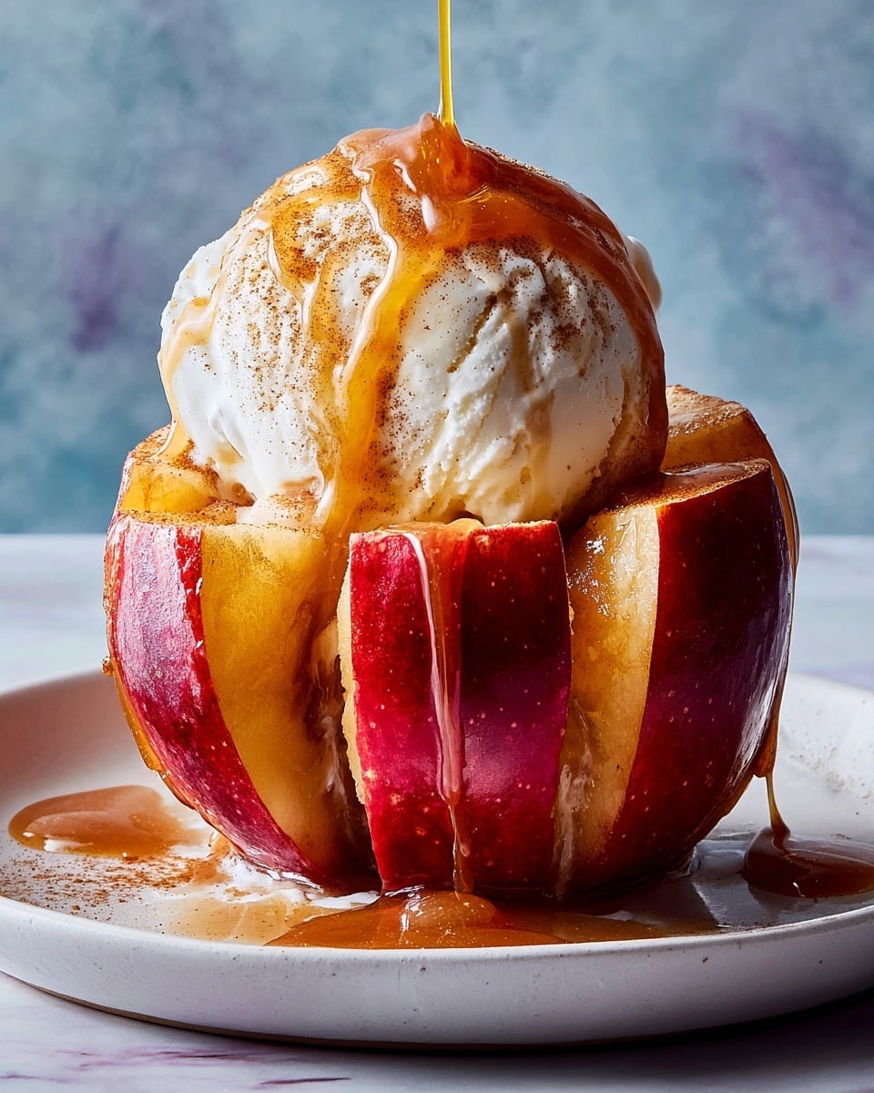 Two round baked apples are placed side by side on a white plate. Each apple is sliced partially into sections from top to bottom, showing the soft, dark orange-brown roasted flesh. On top of each baked apple is a large scoop of light cream-colored vanilla ice cream, with a smooth, slightly textured surface. A golden-brown caramel sauce is drizzled over the ice cream and apple, pooling slightly around the base. The plate sits on a white marbled surface. photo taken with an iphone --ar 4:5 --v 7