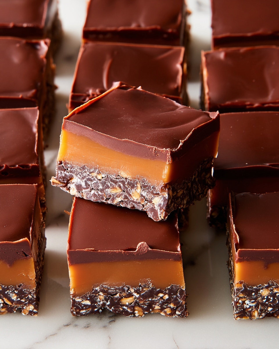 The image shows several square chocolate caramel bars arranged in rows on a white marbled surface. Each bar has three clear layers: a bottom crunchy chocolate base with puffed rice pieces visible inside, a middle smooth caramel layer that is golden brown and slightly thick, and a top glossy, rich chocolate layer. The layers are cleanly cut and the chocolate top has a smooth and even finish with a slight sheen. The bars are closely packed, showing uniform size and thickness. Photo taken with an iphone --ar 4:5 --v 7