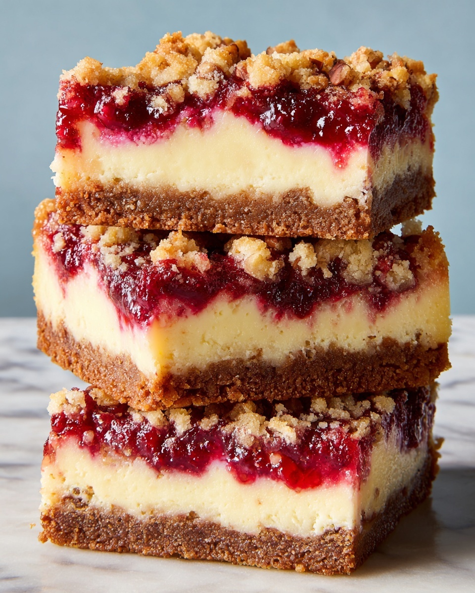 The image shows multiple square-shaped dessert bars arranged neatly on a white marbled surface. Each bar has three visible layers: the bottom layer is a light brown crust, the middle layer is a deep red fruit filling, and the top layer is a crumbly, golden-brown streusel sprinkled with chopped nuts. One bar is slightly raised and rotated, highlighting the thickness of the layers and the texture contrast between the soft fruit filling and the crunchy topping. There are small crumbs scattered around the bars, adding to the rustic look. photo taken with an iphone --ar 4:5 --v 7