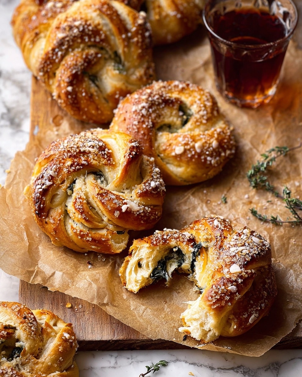 The image shows several golden brown twisted bread rolls sprinkled with coarse white salt on top, placed on brown parchment paper over a wooden surface. One bread is broken, revealing soft, light, and fluffy inside with visible green herbs layered within the bread dough. A clear glass filled with dark amber liquid is near the bread. Small green herb sprigs are scattered on the parchment. The background is a white marbled texture. photo taken with an iphone --ar 4:5 --v 7
