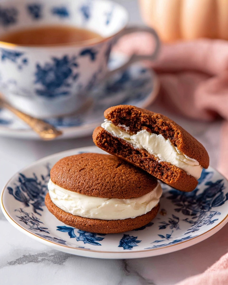 The image shows a sandwich cookie broken in half on a white plate with blue patterns. The cookie has two thick, soft-looking layers in a warm brown color with a slightly crumbly texture. Between these layers is a thick, creamy white filling that looks smooth and fluffy. The plate with the cookie sits on a white marbled surface, with a hint of a pink cloth in the bottom left corner. In the background, there are more similar cookies stacked on another white plate with blue patterns, and part of a matching teacup and saucer filled with brown liquid is visible. Photo taken with an iphone --ar 4:5 --v 7