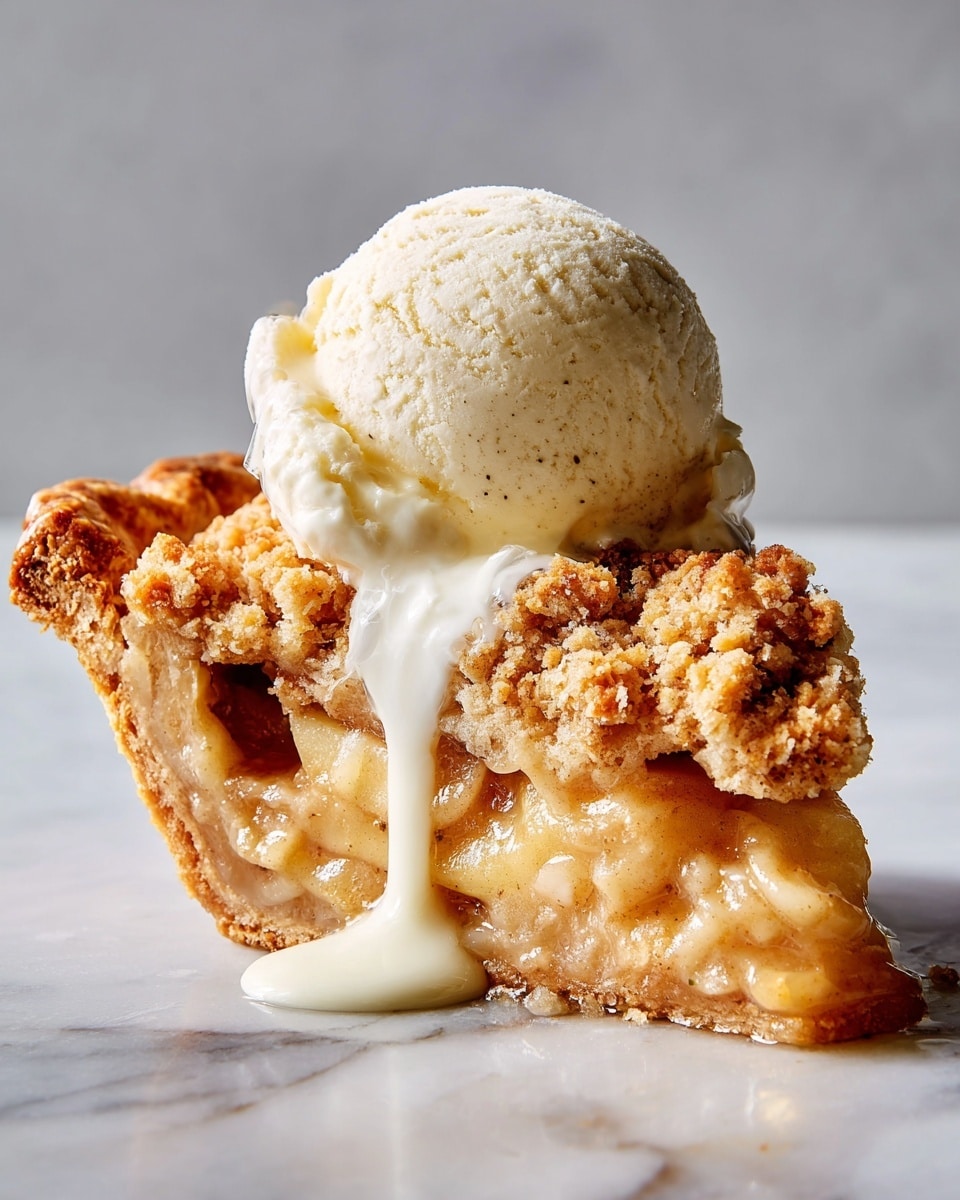 A slice of apple crumble pie sits on a white plate with visible layers: at the bottom is a light golden crust, followed by a thick layer of soft, pale apple filling, and topped with a crumbly, light brown streusel layer. A scoop of creamy white vanilla ice cream with black vanilla specks rests on top of the crumble. The plate is placed on a white marbled surface next to two silver forks, and in the background, part of the whole pie in a clear glass pie dish is visible with the same crumbly topping. Photo taken with an iphone --ar 4:5 --v 7