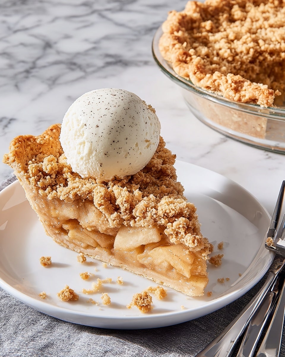A slice of crumb-topped pie with a golden brown crust on the bottom and edges, filled with a light tan, soft, chunky fruit filling in the middle, topped with a crumbly, textured layer of brown streusel. A scoop of creamy white ice cream with small black vanilla specks sits on top, slightly melting and dripping down the sides of the pie slice onto a white marbled surface. photo taken with an iphone --ar 4:5 --v 7
