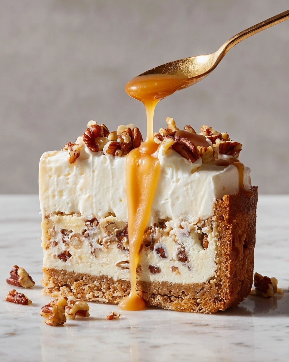 A round cheesecake with one slice taken out sits on a black baking pan on top of a white marbled surface. The bottom layer is a light brown crumb crust, the middle layer is a creamy beige cheesecake mixed with small pieces of brown nuts, and the top layer is a thick, fluffy white whipped cream spread unevenly. Golden caramel sauce drizzles over the whipped cream, and brown pecan nut pieces are scattered both on the cake and around the baking pan on the surface. Photo taken with an iphone --ar 4:5 --v 7
