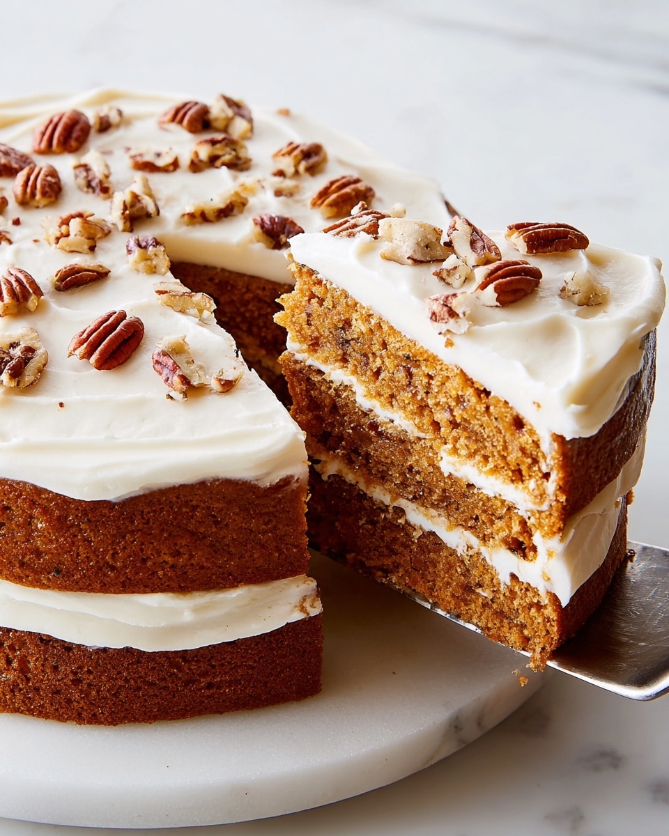 A round cake with two distinct layers sits on a white marble textured surface. The bottom layer is thick and dark brown with a dense texture, while the top layer is a smooth, bright orange color, resembling pumpkin or sweet potato. Thin lines of caramel sauce are drizzled evenly across the whole top layer, adding shine and a glossy look. One slice is cut and partially pulled out, showing the clear separation between the layers and the drizzle on top of the slice as well. The slice stands upright next to the cake, highlighting the thickness and texture differences. Photo taken with an iphone --ar 4:5 --v 7
