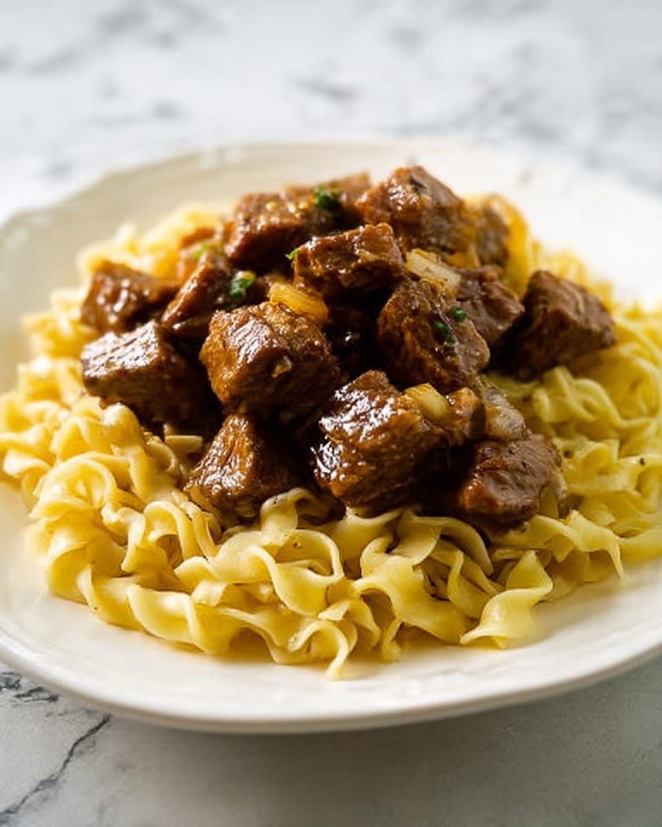 The dish shows a white plate filled with a layer of soft, light yellow egg noodles spread evenly, topped with a thick heap of dark brown beef stew pieces. The beef chunks look tender and juicy, mixed with small bits of cooked vegetables. The noodles have a slightly curly texture and appear lightly seasoned. The plate sits on a white marbled surface. photo taken with an iphone --ar 4:5 --v 7
