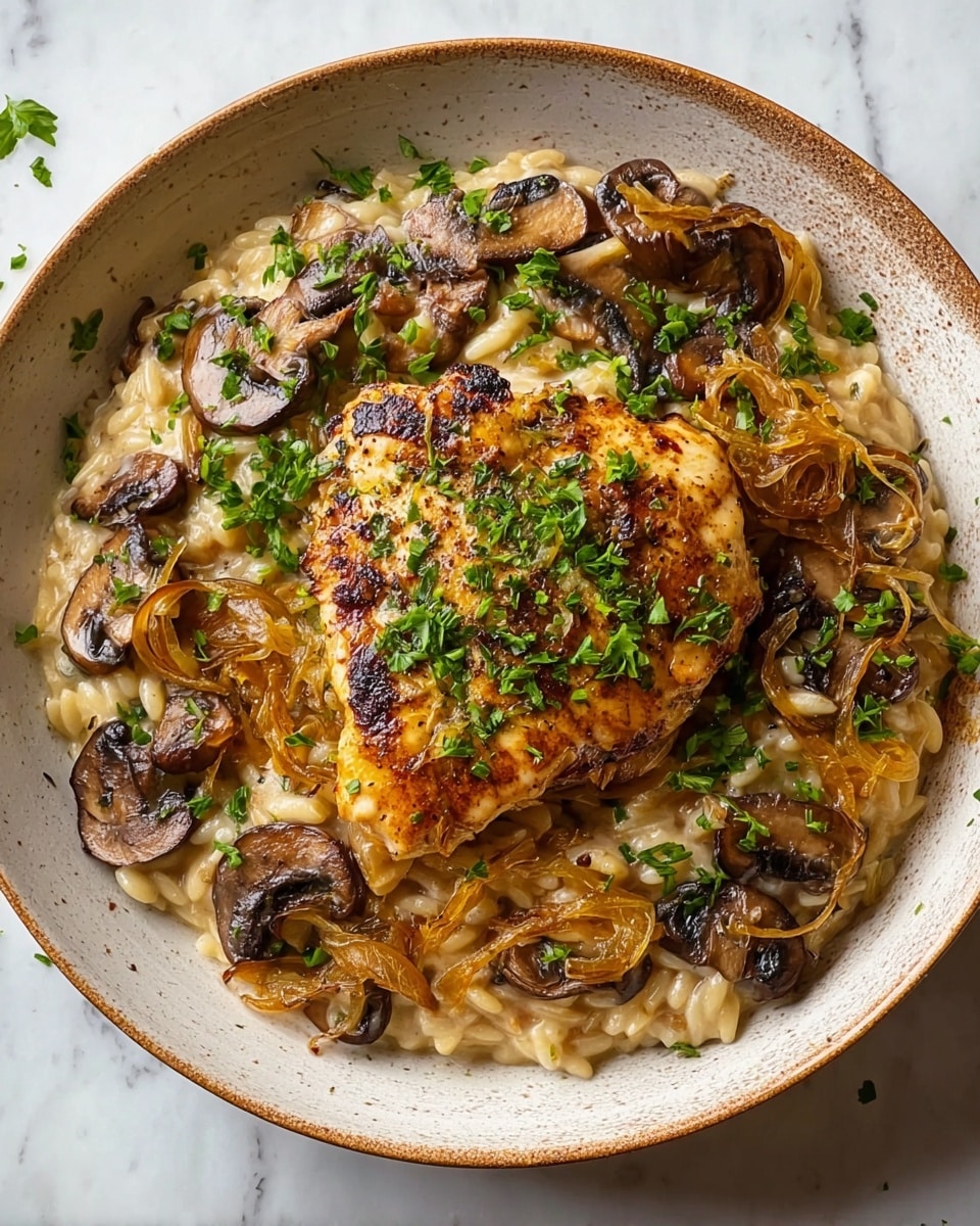 Crockpot Creamy French Onion Chicken and Orzo: Cozy Comfort Food 1 A round white bowl filled with a creamy beige orzo pasta base mixed with brown sautéed mushrooms and translucent golden caramelized onions spread evenly. On top, a single golden-brown grilled chicken piece sits in the middle, garnished with fresh green parsley leaves scattered over the dish. The bowl is placed on a white marbled surface, with hints of rustic brown in the background. photo taken with an iphone --ar 4:5 --v 7