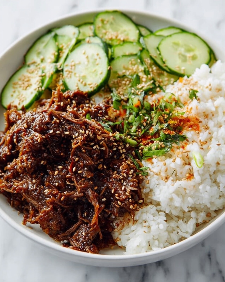 A white bowl filled with a base layer of fluffy white rice, topped next to it with thinly sliced cucumber pieces arranged in a neat overlapping row. On the other side, there is a layer of dark brown shredded beef with a shiny texture, sprinkled generously with small beige sesame seeds and some green herbs. A small pile of bright orange pickled vegetables is visible at the edge. The bowl is set on a white marbled surface. Photo taken with an iphone --ar 4:5 --v 7