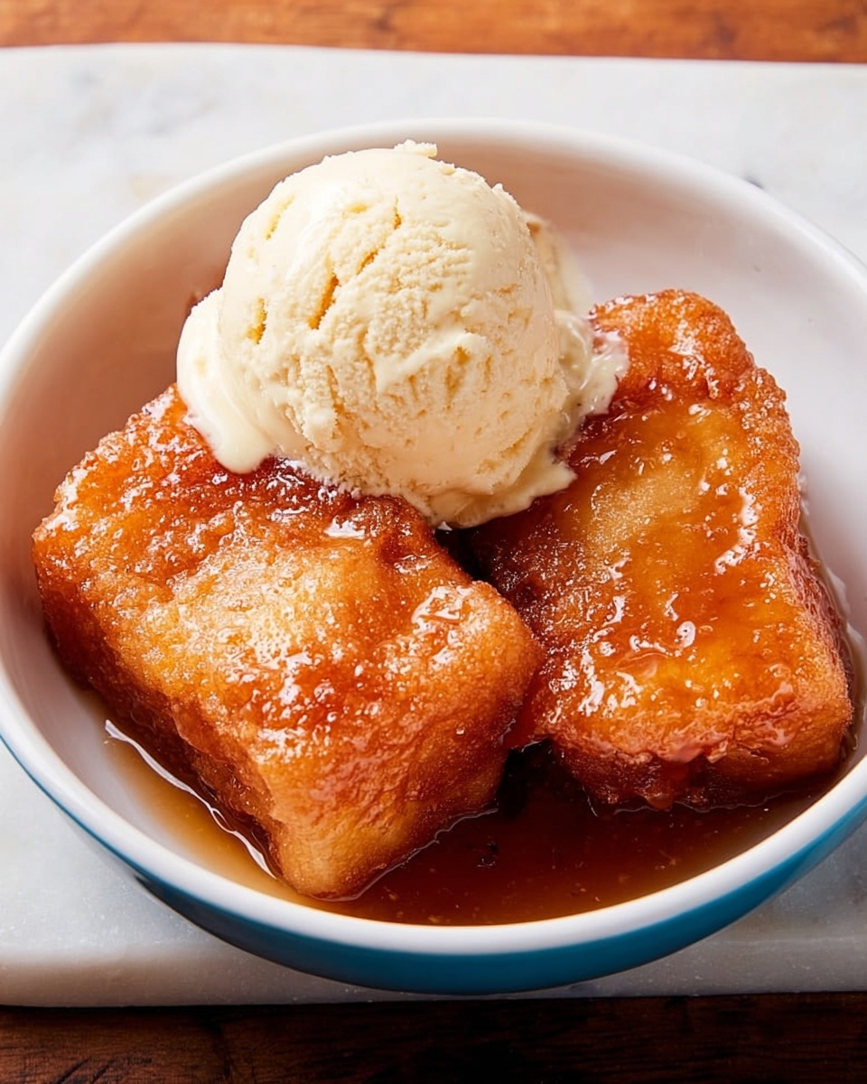 A white bowl holds two large, golden-brown pieces of fried dough soaked in syrup, giving them a shiny, sticky look. On top of the dough pieces, there is one big scoop of light yellow ice cream with a soft, creamy texture. The bowl sits on a white marbled surface, and the warm colors of the food contrast with the cool, smooth ice cream. photo taken with an iphone --ar 4:5 --v 7