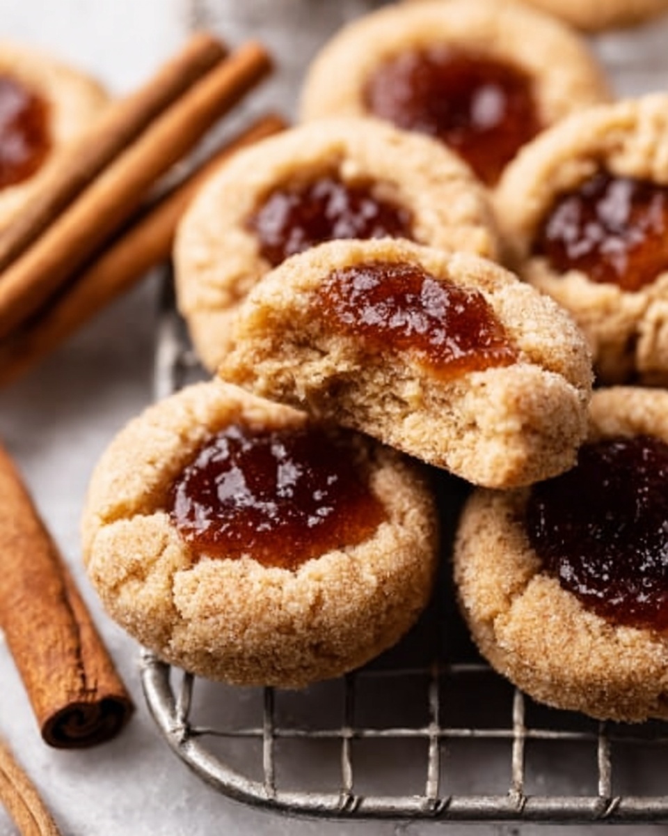 Apple Butter Snickerdoodle Cookies: Cozy Fall Delight 1 The image shows several small round cookies on a white marbled surface, with a wire cooling rack beneath. Each cookie has a golden brown color with a slightly rough texture. They are topped with a thick layer of dark amber-colored jam filling in the center, which looks shiny and smooth. One cookie is broken in half, revealing a soft and crumbly inside with the jam filling visible in the middle. Two cinnamon sticks rest on the surface near the cookies. The scene is lit softly, highlighting the warm tones of the treats. photo taken with an iphone --ar 4:5 --v 7