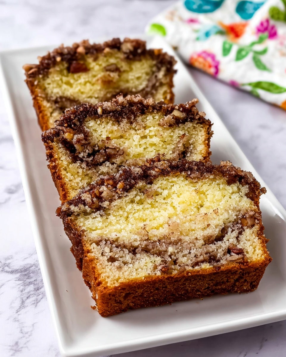 Three slices of yellow cake with a crunchy brown nut topping are arranged side by side on a white rectangular plate. Each slice shows a layer of brown filling running through the middle, with pieces of nuts embedded on the top and inside. The outer edges of the cake are golden brown and crumbly, while the inside is soft and fluffy. The plate sits on a white marbled surface, and a white cloth with green, yellow, orange, and blue floral patterns is partially visible in the background. Photo taken with an iphone --ar 4:5 --v 7