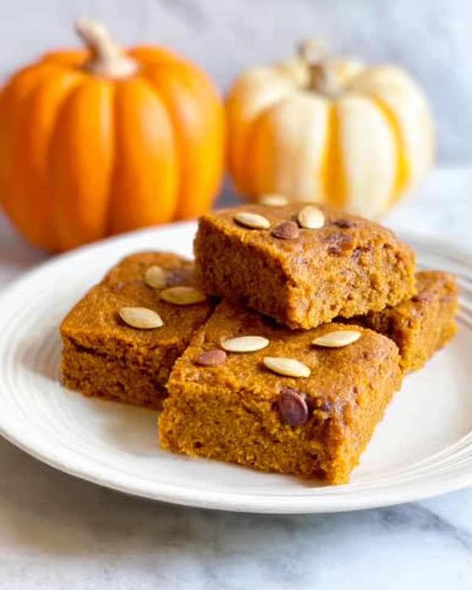 The image shows three square pieces of soft, orange-brown pumpkin cake on a white plate. The cake surface is slightly textured with small almond slices on top. Two small pumpkins, one orange and one pale yellow, are blurred in the background, placed on a white marbled surface. photo taken with an iphone --ar 4:5 --v 7