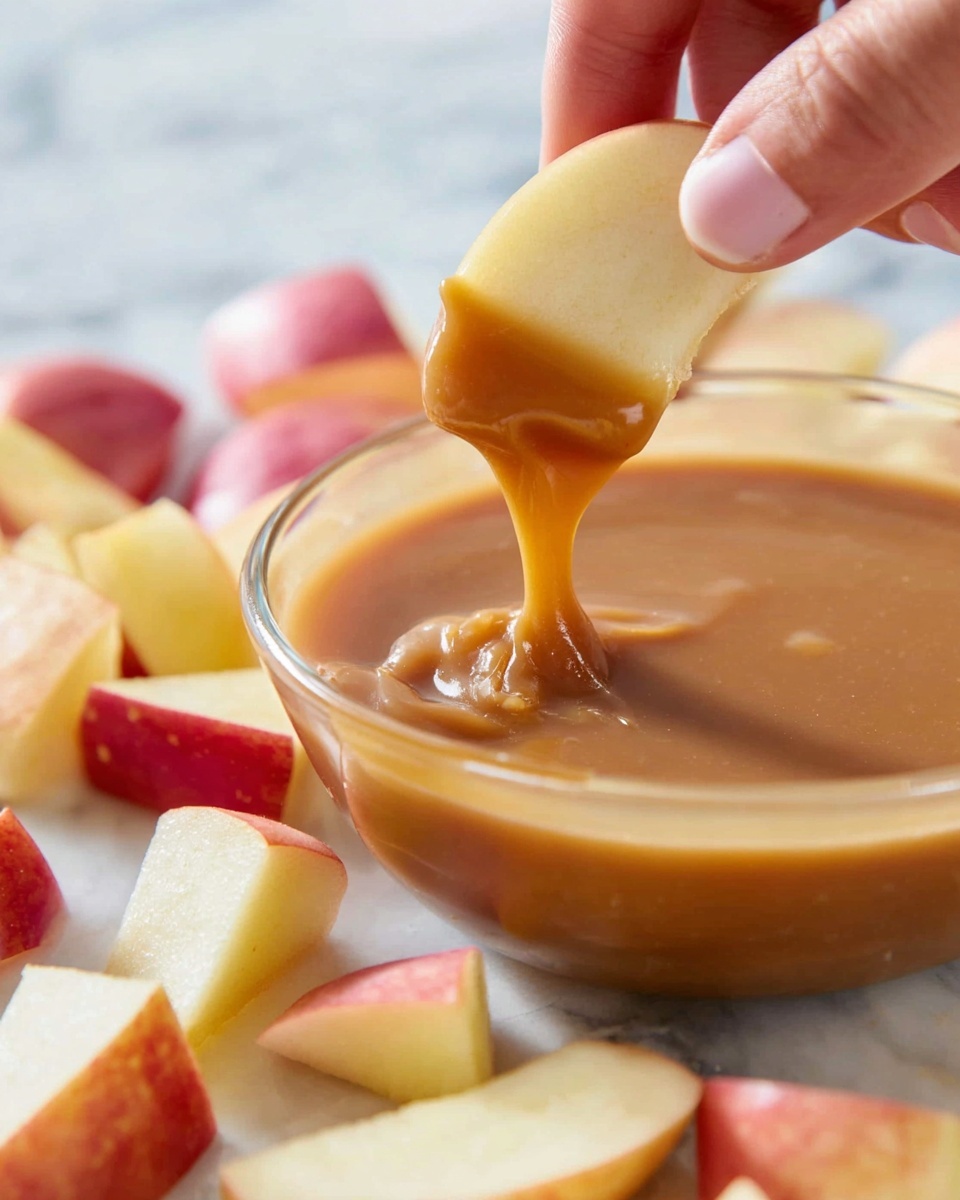 Peanut Butter Caramel Apple Dip Recipe 6 A close-up view of a clear glass bowl filled with smooth caramel sauce with a light brown color, surrounded by apple slices with white flesh and red skin edges at the bottom and around the bowl. A woman's hand holds one apple slice dipping into the caramel sauce, with caramel coating the tip and some dripping back into the bowl. In the background, more caramel pieces can be seen out of focus. The surface is a white marbled texture. photo taken with an iphone --ar 4:5 --v 7