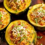 Stuffed Acorn Squash with Savory Farro, Bacon or Sausage, and Parmesan Recipe