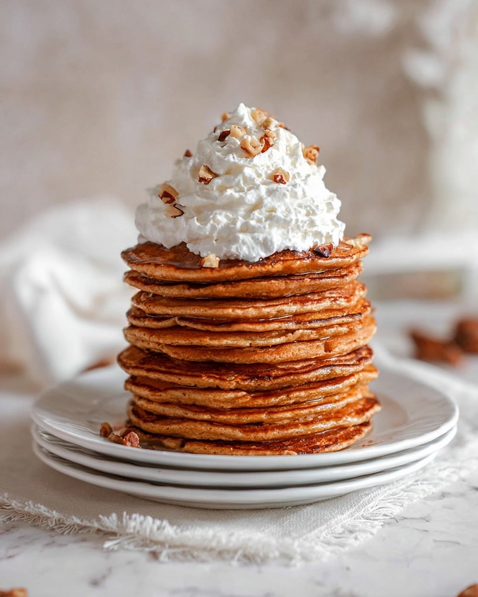 A tall stack of ten golden brown pancakes sits centered on a white plate, each pancake evenly cooked with a soft, slightly textured surface. On top, there is a generous swirl of white whipped cream sprinkled with small pieces of brown pecans, adding a crunchy contrast. The plate rests on a white marbled surface with a light frayed white cloth beneath it, while the background is softly blurred with neutral tones, keeping the focus on the pancakes. photo taken with an iphone --ar 4:5 --v 7