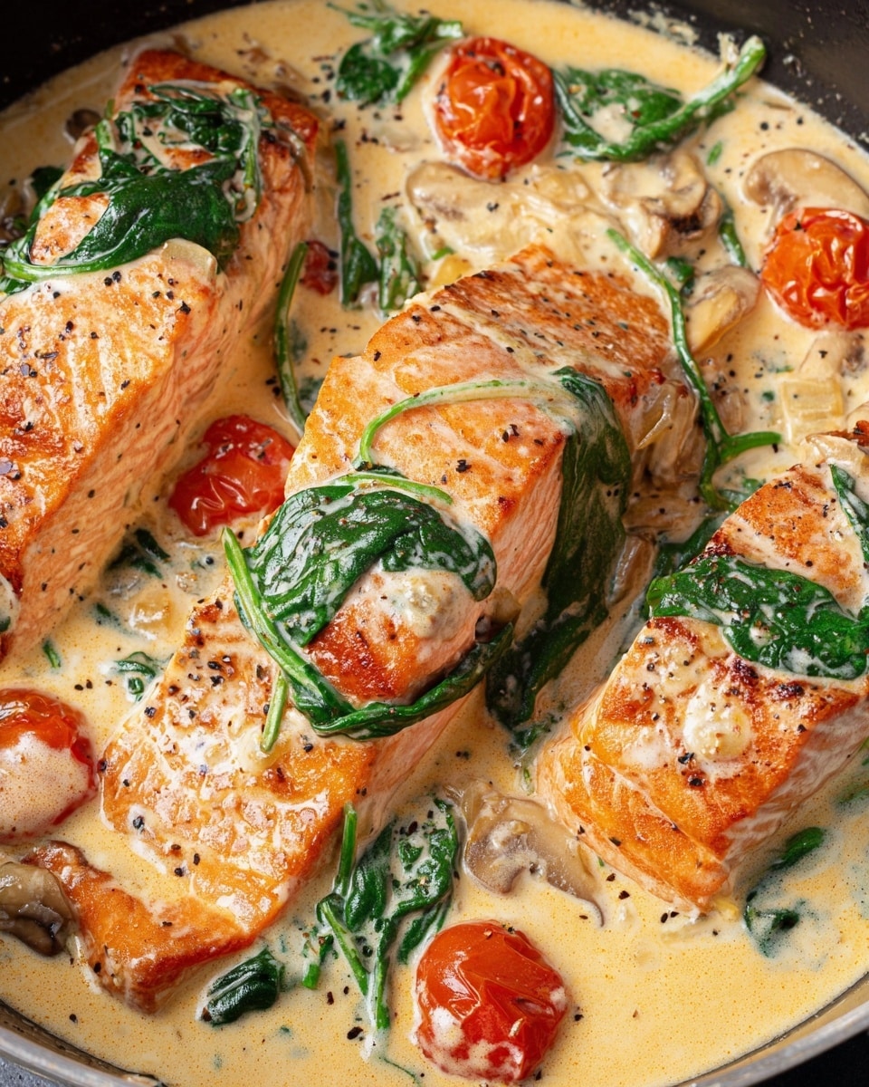 The image shows three golden-brown pieces of salmon in a black cast iron skillet, each piece partially covered with a creamy beige sauce. The sauce contains fresh green spinach leaves, small bright red cherry tomatoes, and sliced sun-dried tomatoes, adding a pop of color and texture. The salmon sits in a thick layer of the sauce that has specks of herbs and pepper, spreading evenly around the skillet. The skillet is placed on a white marbled surface with a blue-striped white cloth in the background. photo taken with an iphone --ar 4:5 --v 7