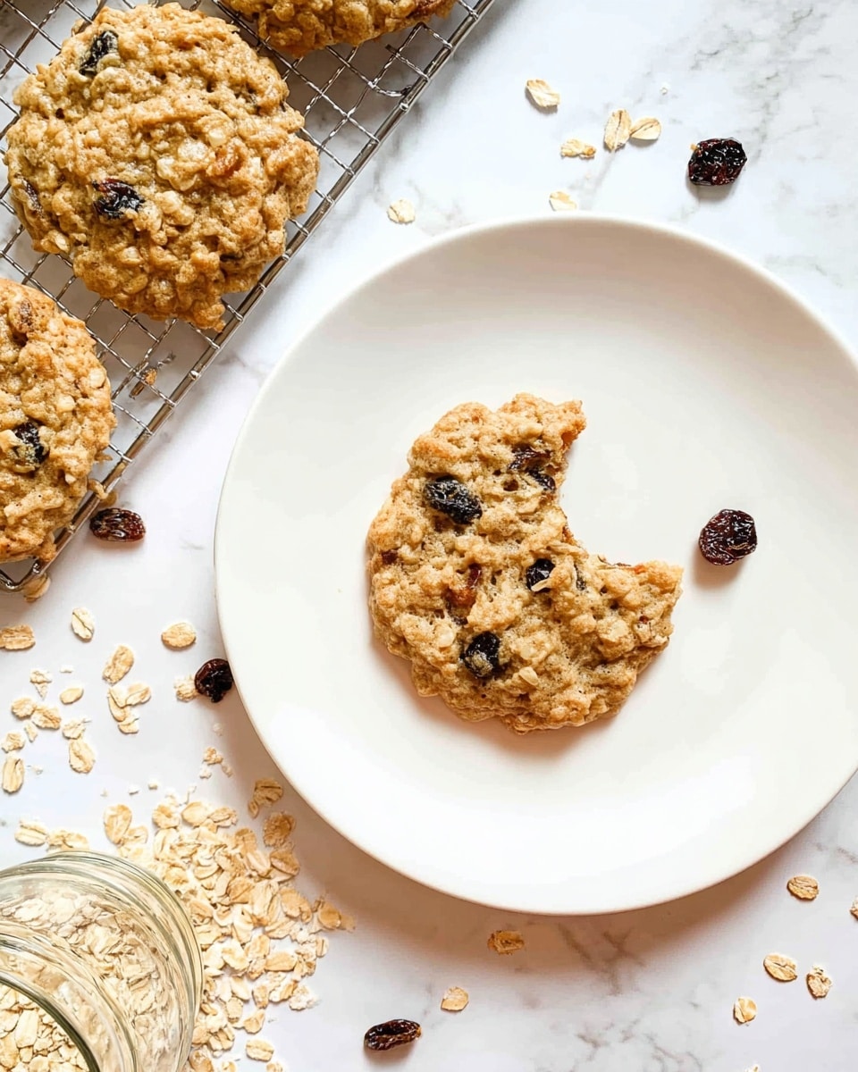 The image shows a white plate with a single oatmeal raisin cookie that has a bite taken out of its right side. The cookie has a rough texture with visible oats and dark raisins spread throughout its light brown surface. To the left of the plate, there is a metal cooling rack holding three more oatmeal raisin cookies similar in color and texture. The background is a white marbled texture covered with scattered oat flakes and raisins, with an open glass jar tipped over, spilling more oats near the bottom left corner. Photo taken with an iphone --ar 4:5 --v 7