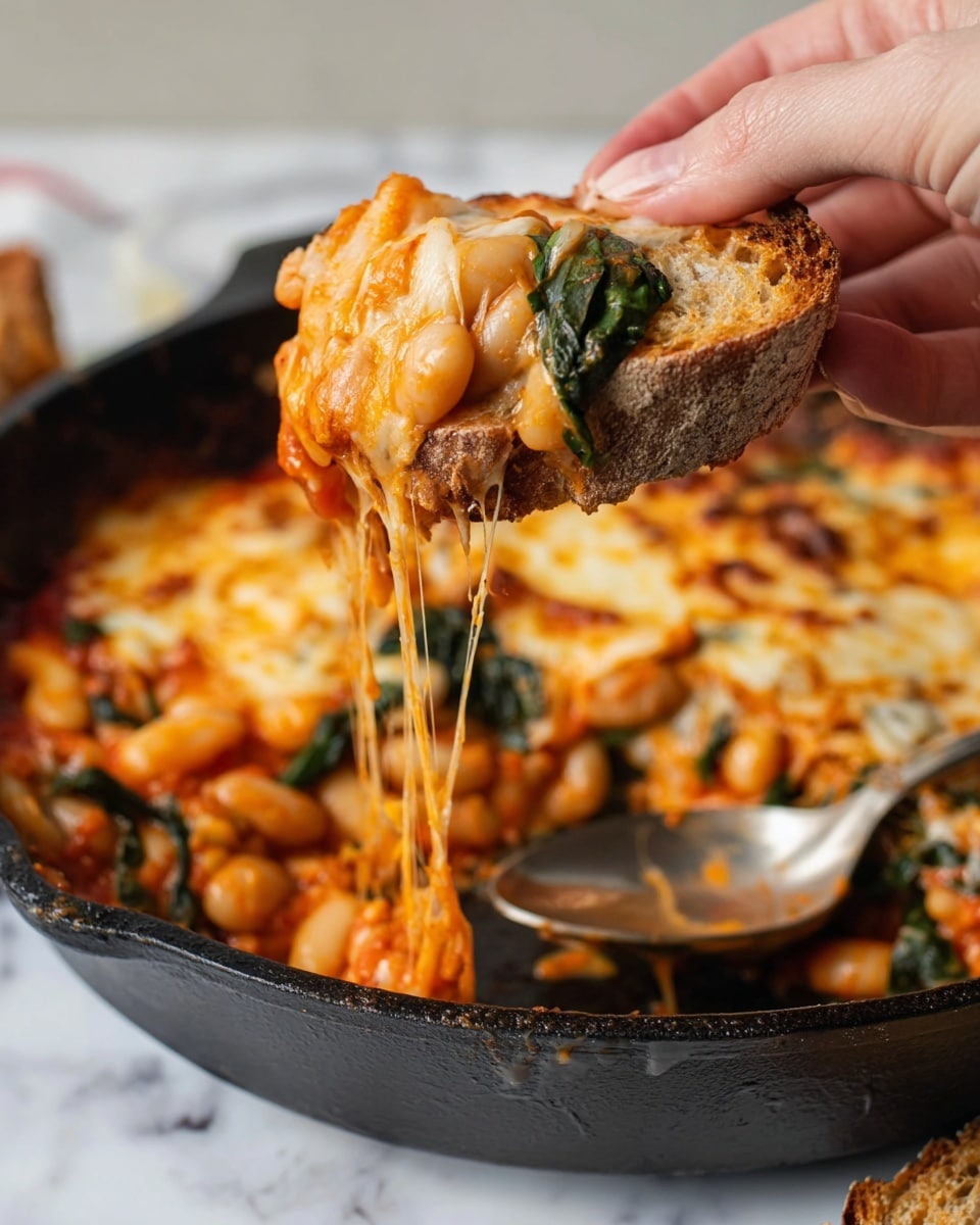 A woman's hand with gray nail polish is holding a piece of bread topped with a thick layer of melted golden-yellow cheese mixed with red tomato sauce and small bits of green spinach, with cheese strands stretching down from the bread to the dish below. The dish below has a layer of melted cheese with a bubbly texture, a layer of red tomato sauce mixed with white beans and spinach, all inside a black pan placed on a white marbled surface. Photo taken with an iphone --ar 4:5 --v 7