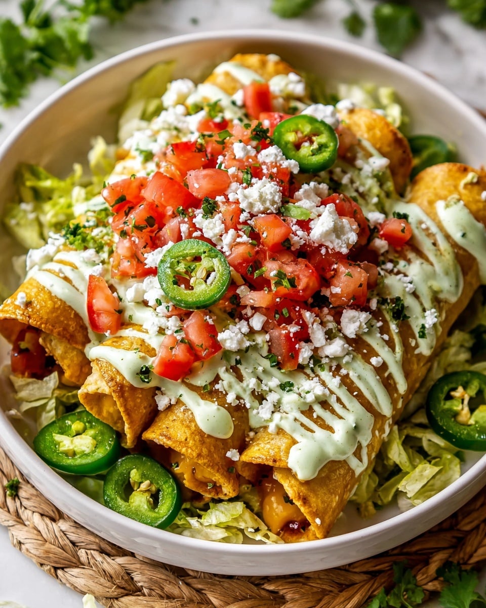 A white plate filled with rolled golden taquitos stacked closely on a bed of shredded green lettuce. The taquitos are topped with bright green sliced jalapeños, finely diced red tomatoes mixed with white onion and green herbs, and sprinkled with crumbled white cheese. Drizzled over the taquitos are creamy white and light green sauces, adding smooth texture and color contrast. The plate is set on a white marbled surface with some fresh green herbs around. Photo taken with an iphone --ar 4:5 --v 7