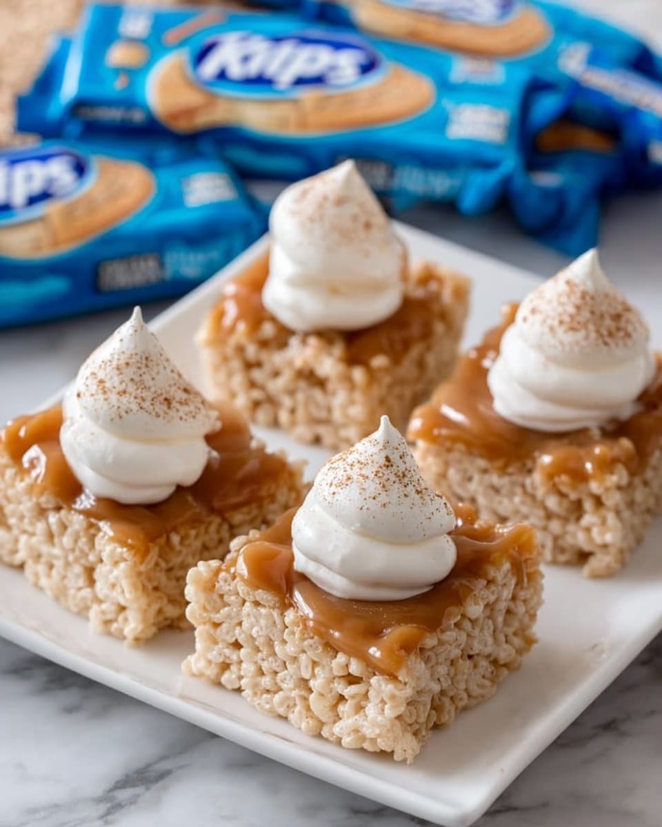 The image shows four square Rice Krispies Treat pieces arranged on a white plate over a white marbled surface. Each treat square is light tan and textured with puffed rice cereal, topped with a smooth, golden-brown caramel-like layer that is thick and glossy. On top of each caramel layer is a small dollop of white whipped cream, sprinkled lightly with a fine dusting of cinnamon or brown spice. In the background, two blue and white Rice Krispies Treats Original wrappers are partly visible, slightly out of focus. Photo taken with an iphone --ar 4:5 --v 7