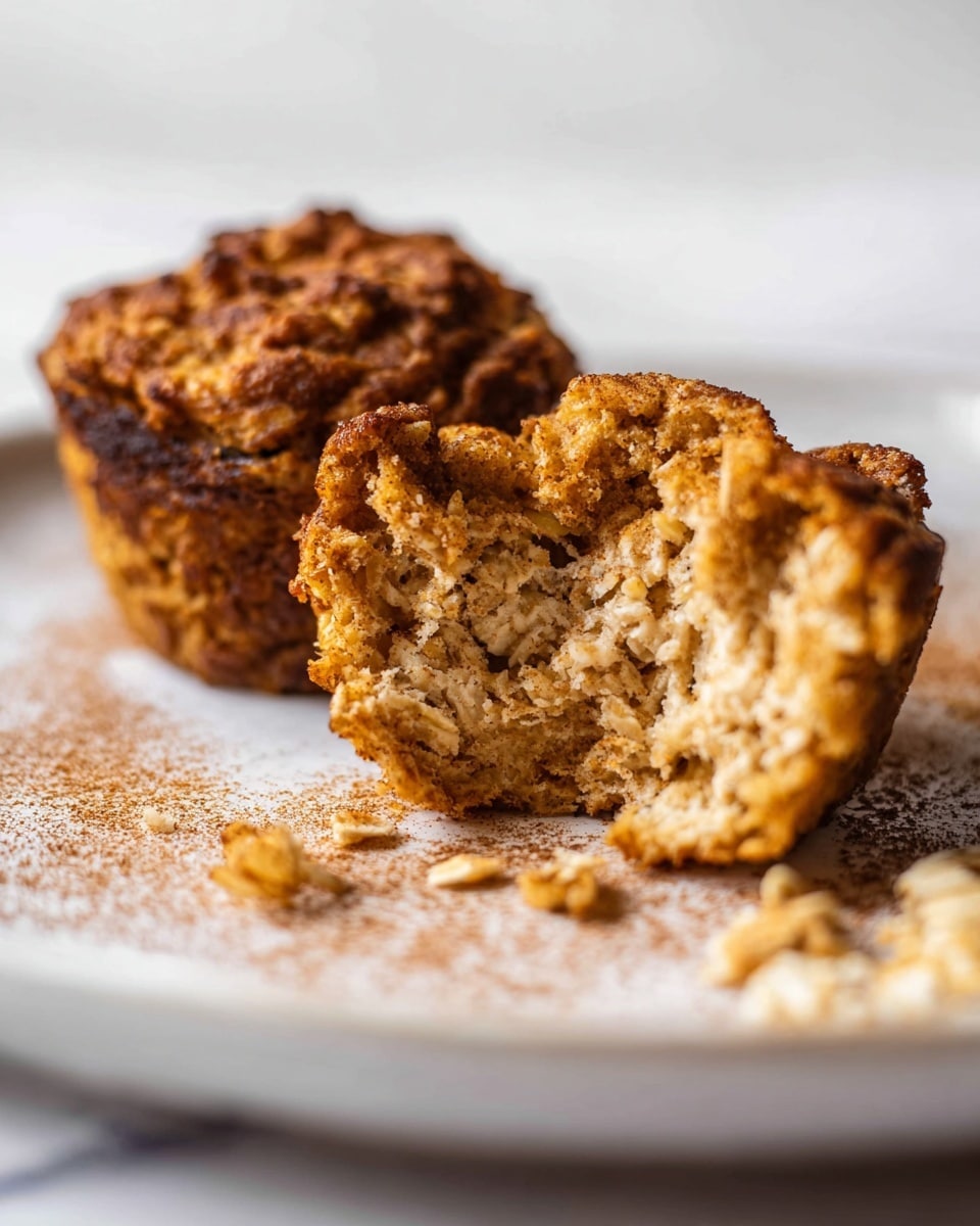 The image shows a close-up of a baked oatmeal muffin, broken in half to reveal its dense, slightly crumbly texture inside, with visible rolled oats and a golden-brown color on the outside. The muffin has a rough and bumpy surface with a toasted, warm orange-brown tone. It sits on a white plate sprinkled with a light dusting of cinnamon powder, placed on a white marbled surface. In the background, another whole muffin is partially visible, out of focus, enhancing the texture and color of the main muffin in the foreground. Photo taken with an iphone --ar 4:5 --v 7
