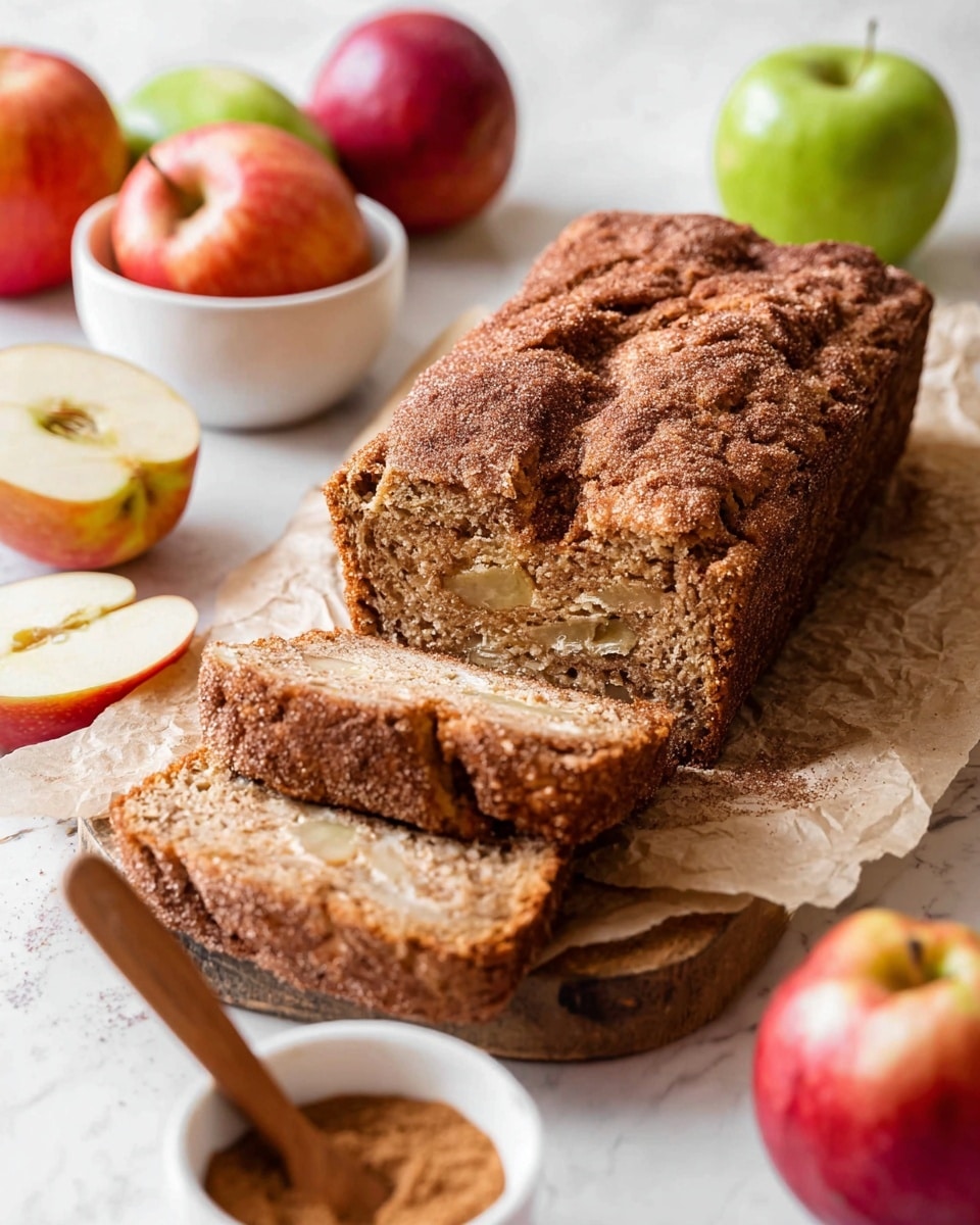 A close-up of a single slice of moist apple cinnamon bread resting on parchment paper atop a wooden board. The bread has two main layers: a light brown, soft, and fluffy inside with small bits of apple throughout, and a darker brown, slightly crumbly cinnamon sugar crust on top with a textured, rough surface. In the blurred background, there are apples and cinnamon sticks sitting on a white marbled surface. The image has a bright and clean look with soft natural light. Photo taken with an iphone --ar 4:5 --v 7