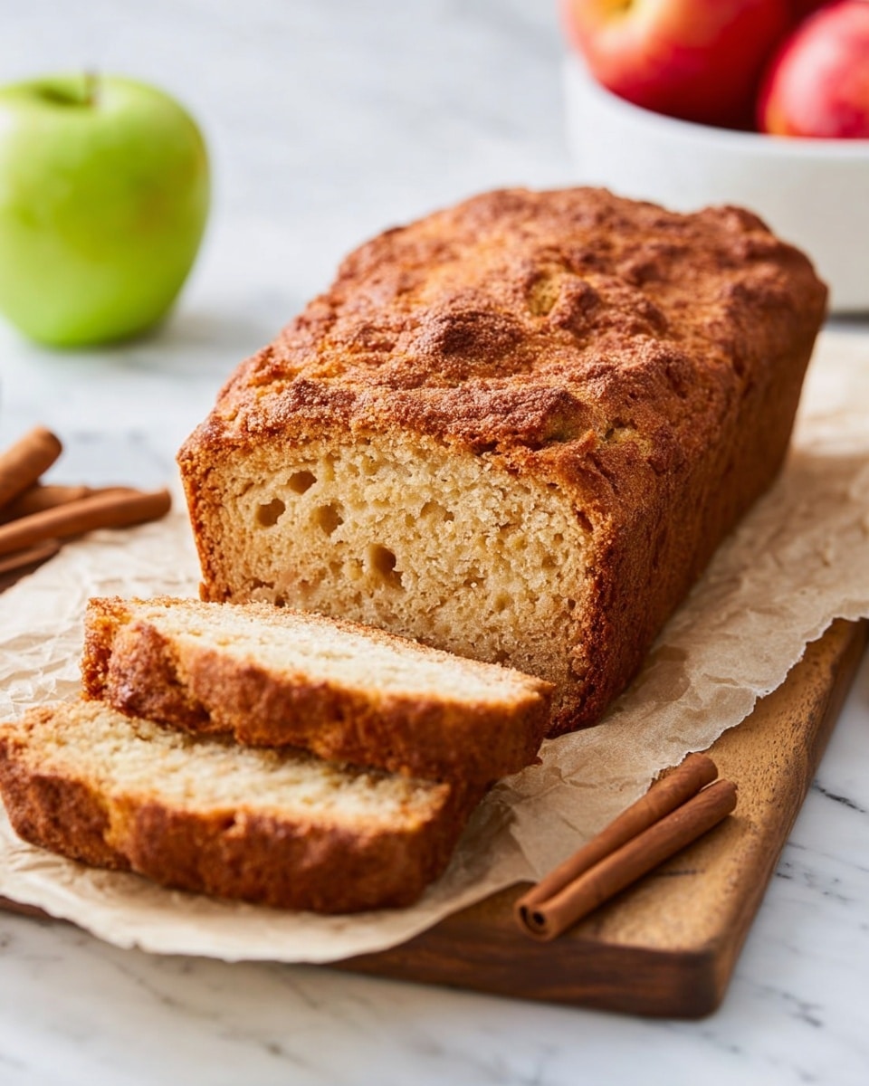 The image shows a loaf of cinnamon apple bread with a rich brown crust and a soft, light beige inside with small air holes. Three slices are cut and leaning neatly on the loaf, all placed on light brown parchment paper on a wooden board. Two cinnamon sticks rest on the board near the bread. In the background, there is a green apple on the left and a white bowl with red apples on the right, all set on a white marbled surface softly lit by natural light. Photo taken with an iphone --ar 4:5 --v 7