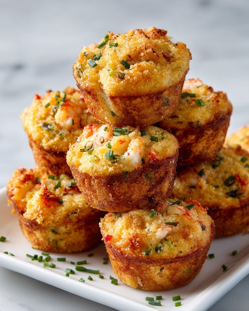The image shows a single round muffin-shaped portion of macaroni and cheese with lobster pieces on top and mixed inside. The dish has three layers: the bottom layer looks creamy with white cheese and lobster bits, the middle layer has cooked macaroni pasta with melted light yellow cheese, and the top layer is golden brown melted cheese with slightly crispy edges and small green chive pieces sprinkled. A few small macaroni bits and lobster pieces are placed to the left of the main portion on a square white plate, decorated with two long green chives crossing each other. The plate rests on a white marbled surface, and part of a fork is visible on the upper left. Photo taken with an iphone --ar 4:5 --v 7