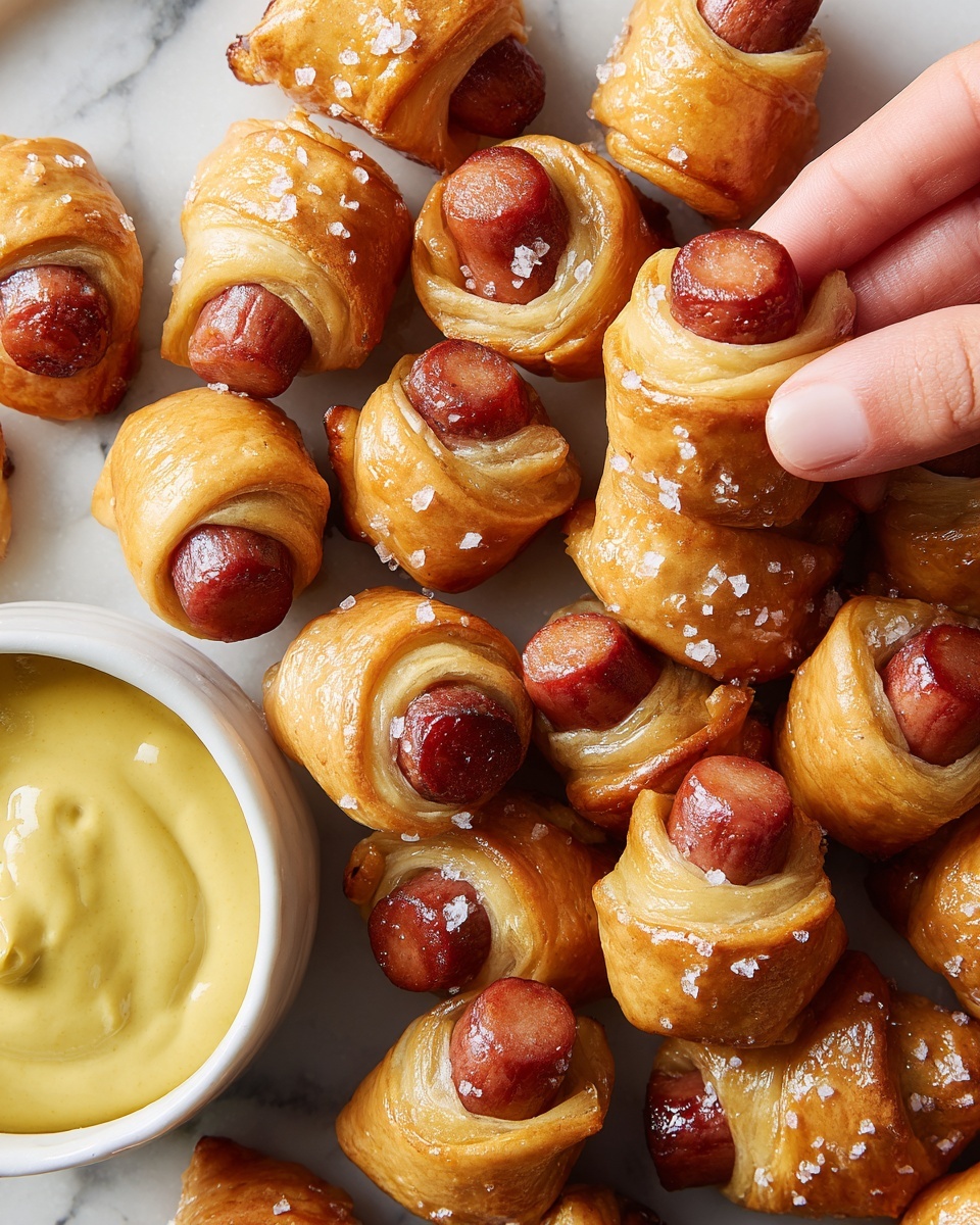 A white rectangular plate on a white marbled surface holds twelve small pigs in a blanket arranged in a loose line. Each piece has a small reddish sausage wrapped tightly in golden-brown dough with visible flaky layers and sprinkled with coarse salt on top. Near the edge of the plate, three white round bowls hold different sauces: pale yellow creamy sauce at the top, bright red ketchup below it, and smooth yellow mustard next to the ketchup. A small drop of the creamy sauce is on the plate beside one of the snacks. Photo taken with an iphone --ar 4:5 --v 7