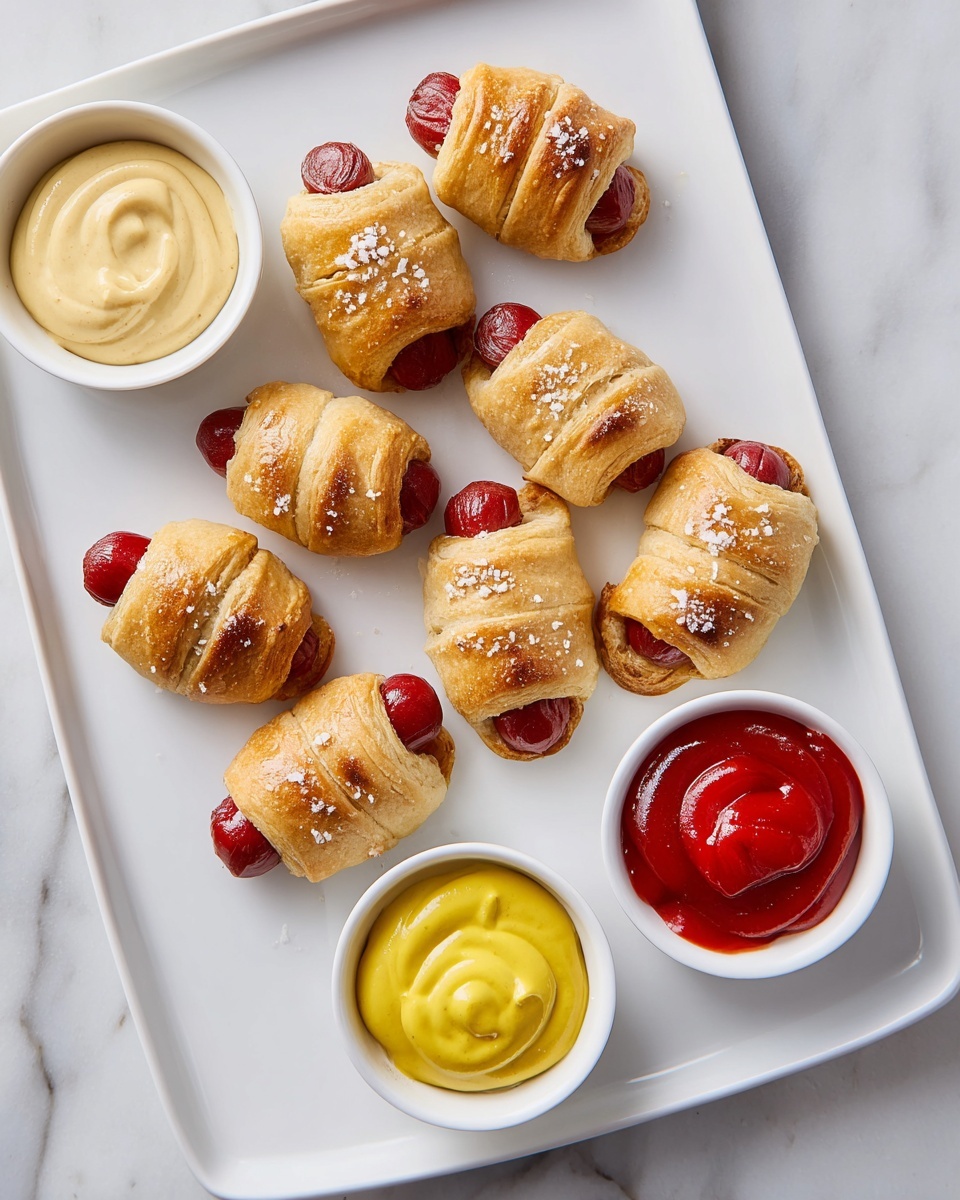A close-up top view of many small sausage bites wrapped in golden-brown flaky dough sprinkled with coarse sea salt. Each bite shows one or two ends of the sausages peeking out from the swirled dough layers. On the right side, a white bowl filled with mustard sauce is held by a woman's hand dipping one of the sausage bites. All items lie on a white marbled surface. photo taken with an iphone --ar 4:5 --v 7