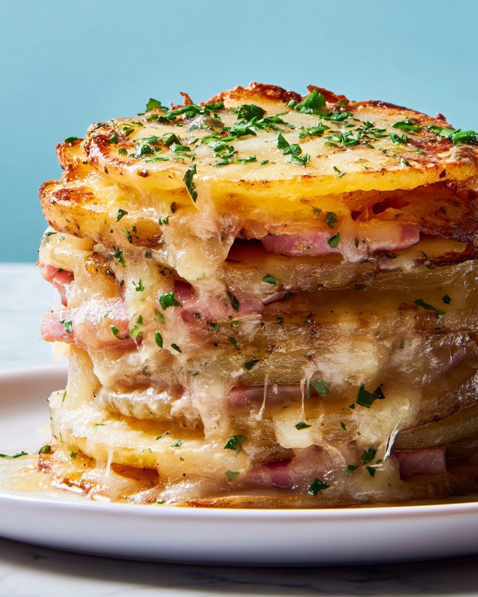 A stack of six round potato slices forms the base and body of the dish, each slice browned and crispy at the edges with a soft, creamy center. Between the potato layers are thin slices of reddish bacon, visible in three gaps, adding a slightly textured look. The top layer is melted orange cheese, smooth with some bubbling and sprinkled with small pieces of chopped green herbs. The stack sits on a clean white plate with a white marbled surface in the background. photo taken with an iphone --ar 4:5 --v 7