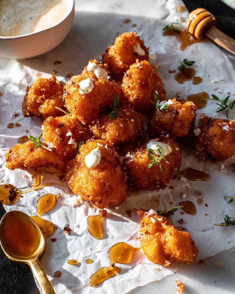 Several pieces of golden fried cauliflower are placed on a piece of white parchment paper over a white marbled surface. The cauliflower pieces are crispy and uneven in shape, coated with a crunchy breading that shines under warm light. Some pieces have a white creamy sauce drizzled on them, and a few small green herb leaves are scattered around the cauliflower. To the right of the cauliflower, there is a small white bowl with a dark sauce and a golden spoon with drops of the same sauce on the white marbled surface beside it. The scene captures a close-up view with soft shadows and warm highlights, photo taken with an iphone --ar 4:5 --v 7