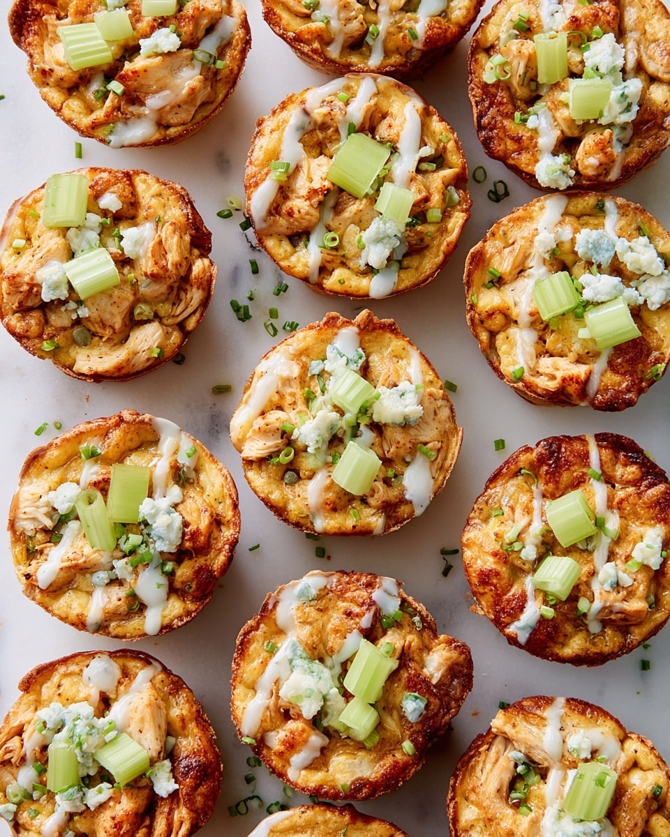 The image shows fifteen round mini savory pies arranged closely in rows on a white marbled surface. Each pie has a golden-brown textured crust with visible pieces of cooked filling inside. On top of each pie, there are light green slices of celery placed mostly in the center, small crumbles of white cheese scattered around, and thin white sauce drizzled in a striped pattern across the top. Tiny green chive pieces are sprinkled over the pies and the surface, adding a fresh touch. The pies have a slightly crispy and browned edge, showing a textured and inviting appearance. photo taken with an iphone --ar 4:5 --v 7