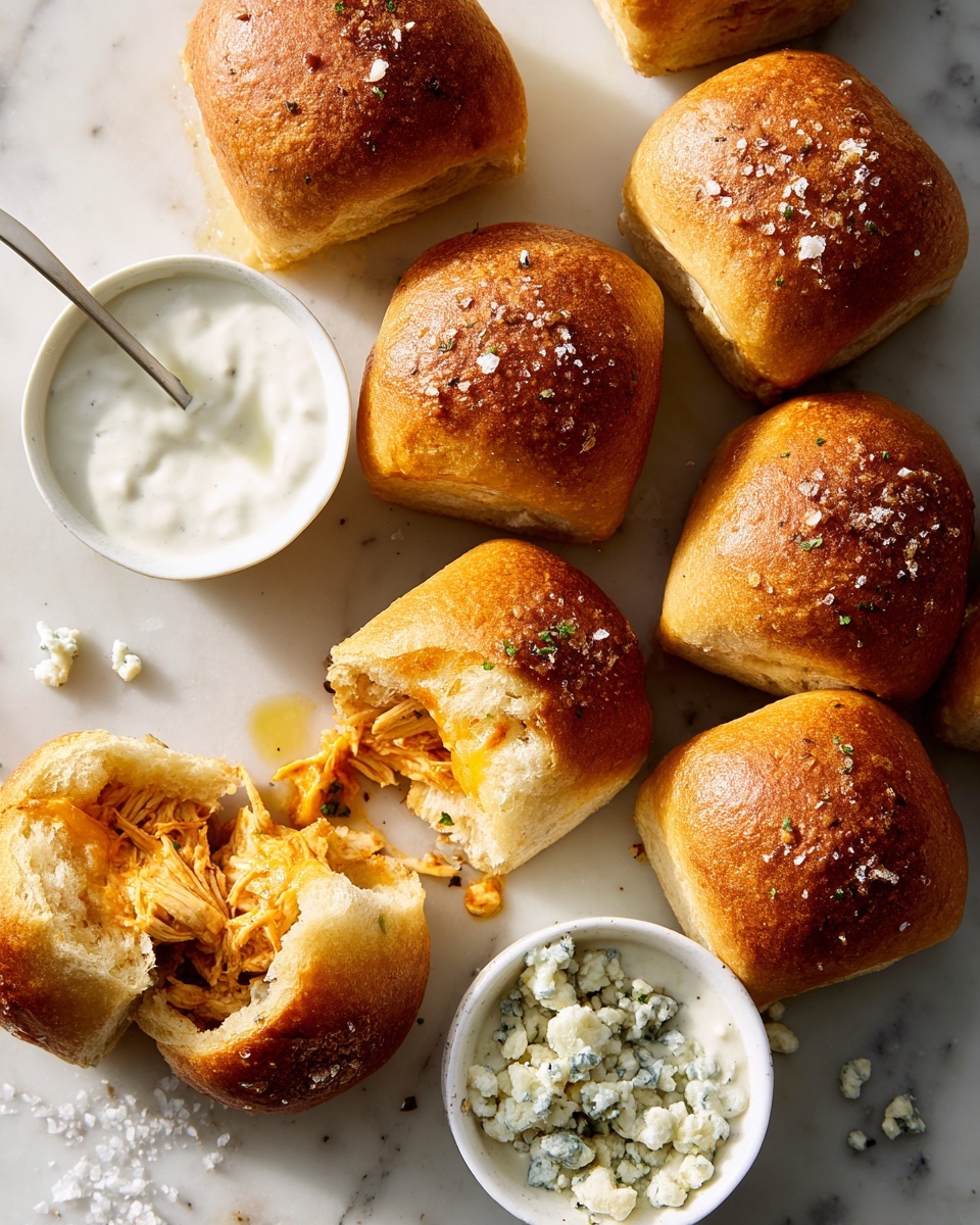 Eight golden-brown biscuit pieces with a crispy, slightly browned top layer sprinkled with coarse salt sit scattered on a white marbled surface; one biscuit is broken open showing a soft, fluffy inner layer filled with stringy cooked chicken in a saucy orange layer, and a dollop of white creamy sauce near it; two small white bowls contain different white sauces, one is smooth and plain, the other has small chunks of blue cheese; the overall scene is clean and bright with soft natural light. photo taken with an iphone --ar 4:5 --v 7