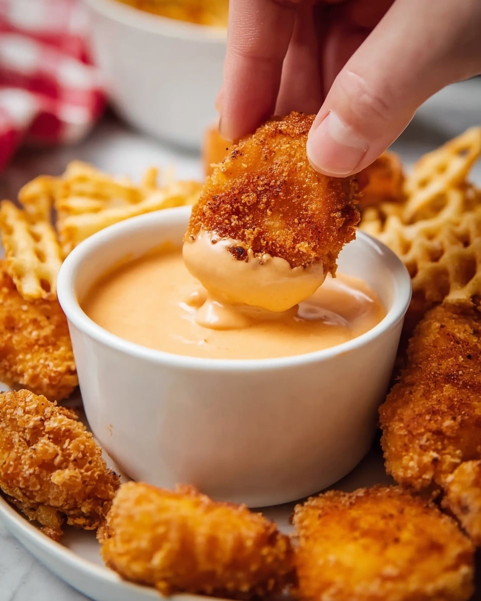 A close-up shows a woman's hand dipping a small, round, crispy golden-brown nugget with a rough textured surface into a smooth, creamy light orange sauce inside a white bowl. Surrounding the bowl are more nuggets with the same texture and color. To the left, there are light golden waffle fries with a slightly crunchy texture. All items are placed on a white marbled surface with a red cloth partially visible in the background. Photo taken with an iphone --ar 4:5 --v 7