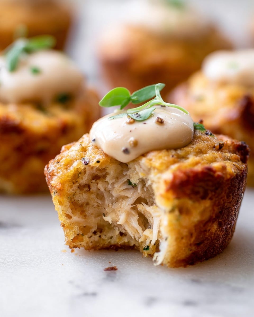 The image shows a close-up of a small golden-brown muffin with a bite taken out, revealing its soft and fluffy inside with shredded pieces of chicken visible. The muffin top has a slightly crispy texture and is topped with a dollop of creamy white sauce with small specks, garnished with a small green chive piece. The muffins sit on a white marbled surface, and parts of other similar muffins are blurred in the background. Photo taken with an iphone --ar 4:5 --v 7