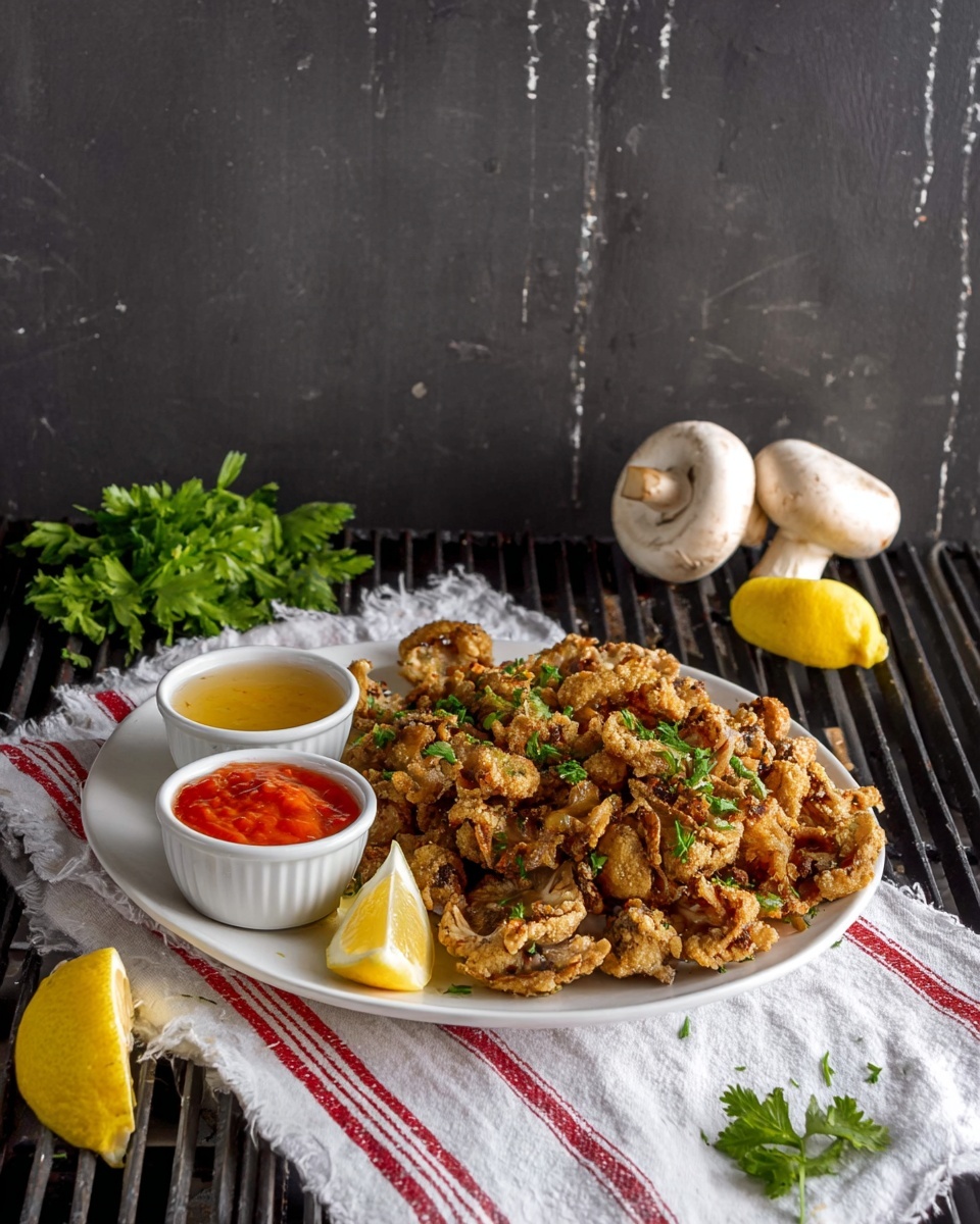 A white round plate sits on a white marbled surface covered partially by a white cloth with red stripes. The plate holds a large pile of golden brown crispy fried mushrooms sprinkled with green parsley. On the side of the plate, there are two small white round bowls, one with a light beige dipping sauce and the other with a red tomato-based sauce topped with a sprig of green herb. Two yellow lemon wedges are placed beside the bowls. In the background, large fresh whole mushrooms rest against a dark textured wall. Photo taken with an iphone --ar 4:5 --v 7