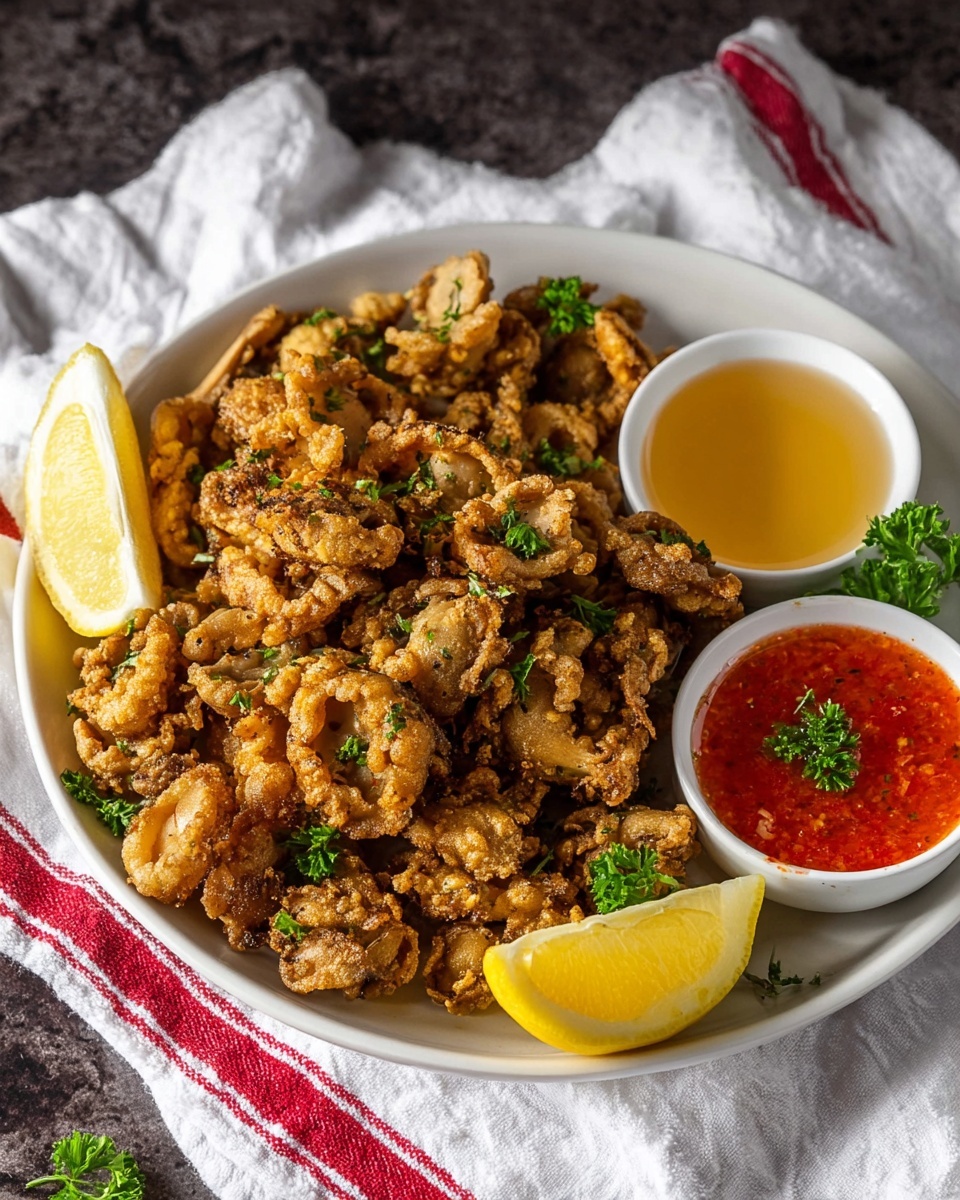 A white plate filled with a one-layer pile of crispy, golden-brown fried mushrooms sprinkled with fresh green parsley, positioned mostly on the right side of the plate. On the left side of the plate are two lemon wedges with a bright yellow color. Next to the lemon wedges are two small white ramekins, one filled with a red chunky sauce and the other with a clear light yellow sauce. The plate sits on a white cloth with a red stripe on a white marbled surface. photo taken with an iphone --ar 4:5 --v 7