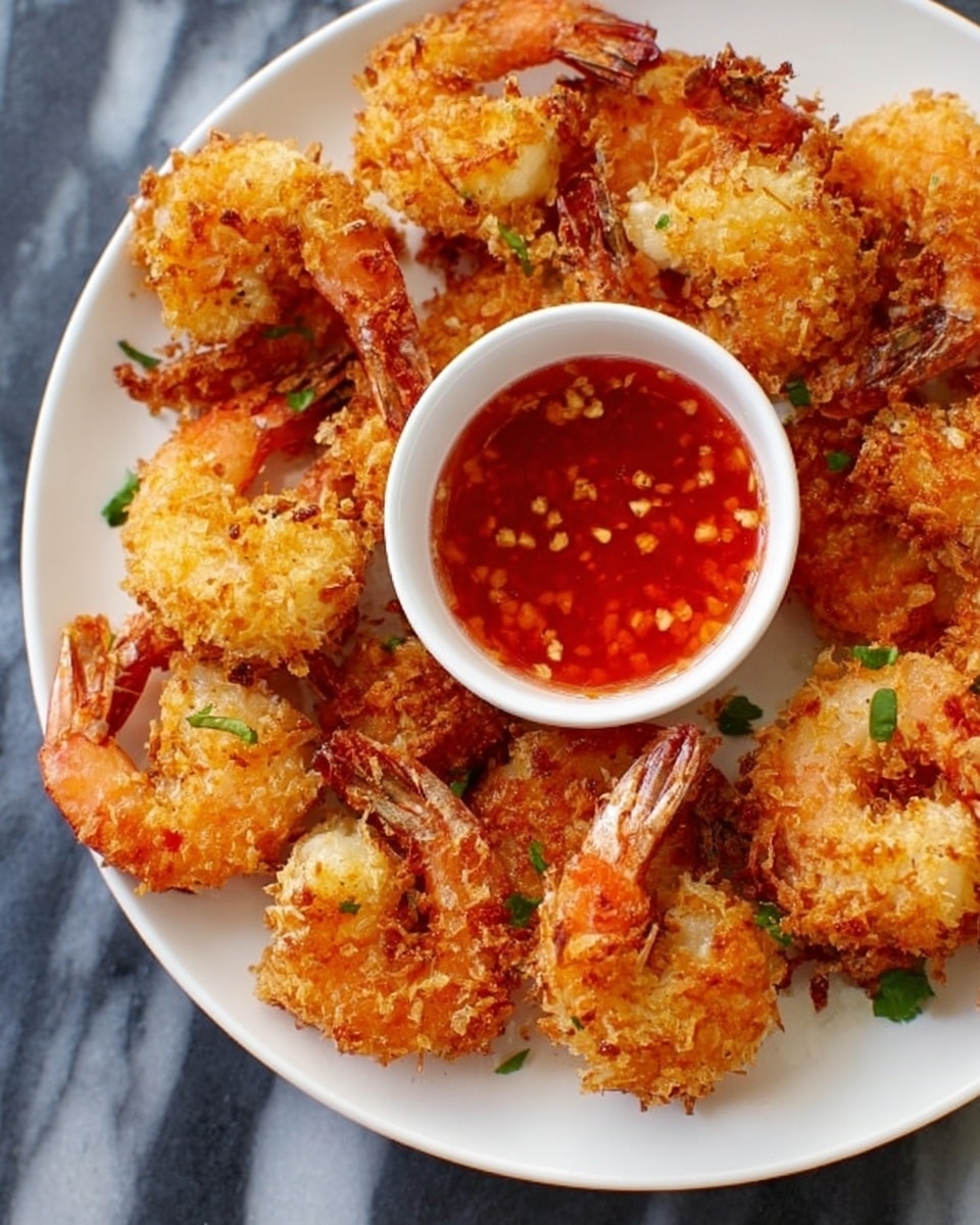 A white plate filled with golden-brown crispy shrimp, each piece coated with a textured, crunchy layer of breadcrumbs. The shrimp tails are visible and slightly curled, adding color contrast with their orange-pink hues. Small green herb garnishes are scattered around the shrimp, adding a pop of freshness. On the side of the plate, a white small bowl holds a red dipping sauce with visible small pieces, possibly chili flakes or seeds. The plate sits on a white marbled surface. Photo taken with an iphone --ar 4:5 --v 7