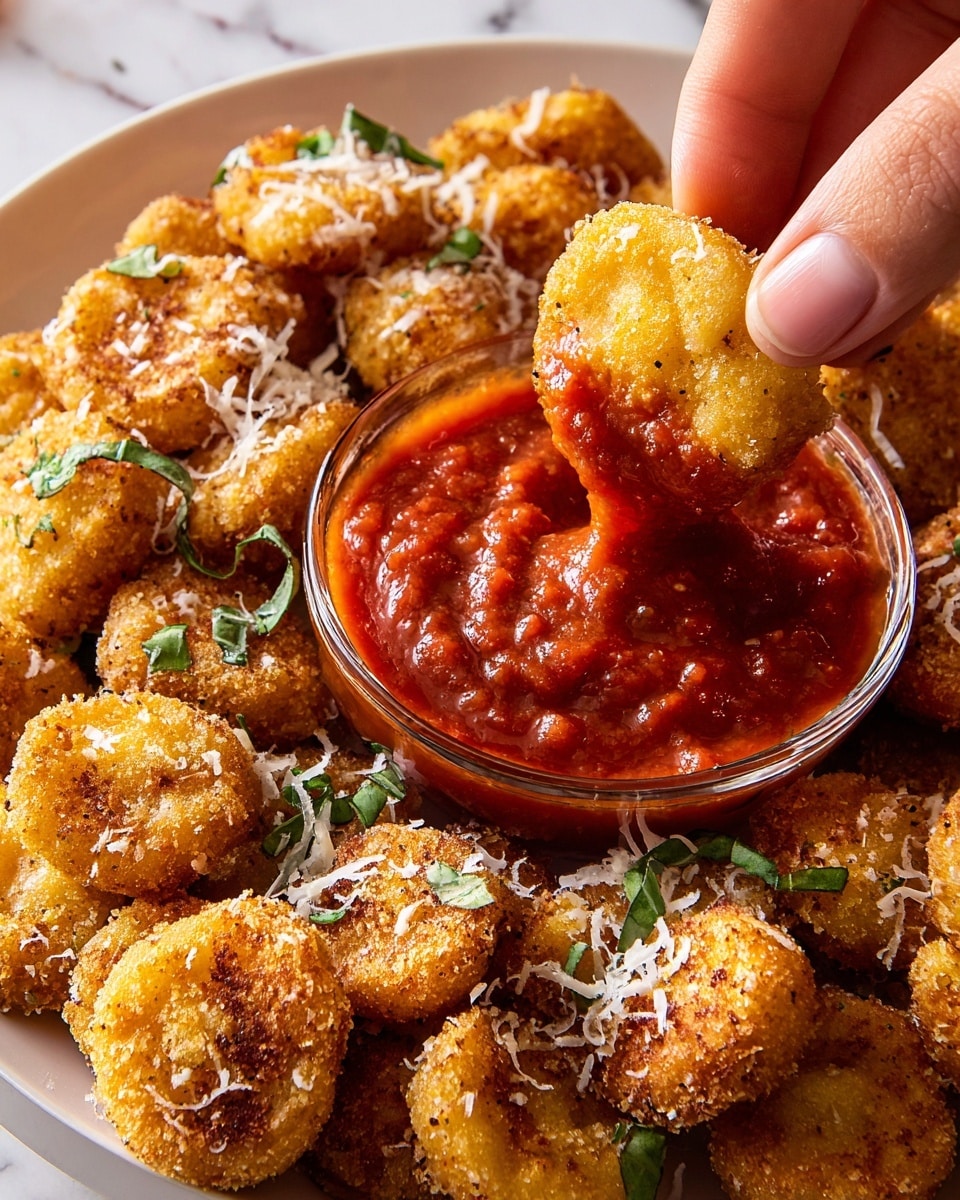 A white plate is filled with a large pile of golden brown, crispy fried tortellini, each piece showing a crunchy texture and some lightly browned edges. The tortellini are topped with a light sprinkle of finely grated white cheese and small pieces of fresh green herbs scattered all over. On the left side of the plate, there is a small clear glass bowl filled with thick, red marinara sauce. A woman's hand is dipping one piece of tortellini halfway into the sauce, showing the sauce clinging to the pasta. The whole scene is set on a white marbled surface. photo taken with an iphone --ar 4:5 --v 7