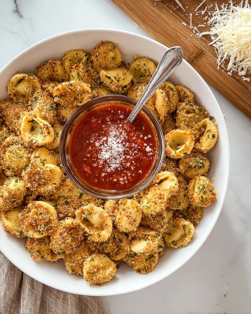 A white round plate filled with one layer of golden crispy breaded stuffed pasta, sprinkled with small bits of green herbs. In the center of the plate, a clear glass bowl holds a thick layer of red tomato sauce topped with tiny bits of white cheese, and a metal spoon is placed inside the bowl. The plate is set on a white marbled surface with some grated cheese on a wooden board and a white cloth with small blue and red stripes visible nearby. photo taken with an iphone --ar 4:5 --v 7