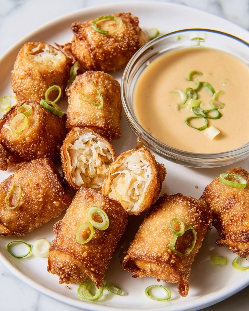 The image shows seven golden brown, crispy spring rolls stacked on a white square plate placed on a white marbled surface; each spring roll has a rough, crunchy outer layer with small bubbles and a slightly oily texture, with one spring roll partially open at the top revealing a white filling mixed with small bits of red and green ingredients; scattered on top and around the spring rolls are small green garnish pieces, adding a fresh touch. Photo taken with an iphone --ar 4:5 --v 7
