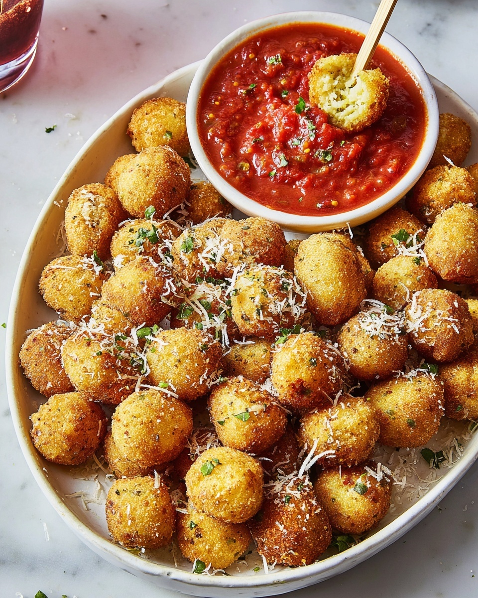 A large white plate filled with many small, golden brown fried balls that have a crispy texture and are sprinkled with grated cheese and small green herb pieces. In the middle of the plate, there is a white bowl with red chunky tomato sauce, speckled with herbs. One of the fried balls is being dipped into the sauce using a stick held by a woman's hand. Some of the fried balls near the front show a light, soft inside. The plate is set on a white marbled surface. Photo taken with an iphone --ar 4:5 --v 7