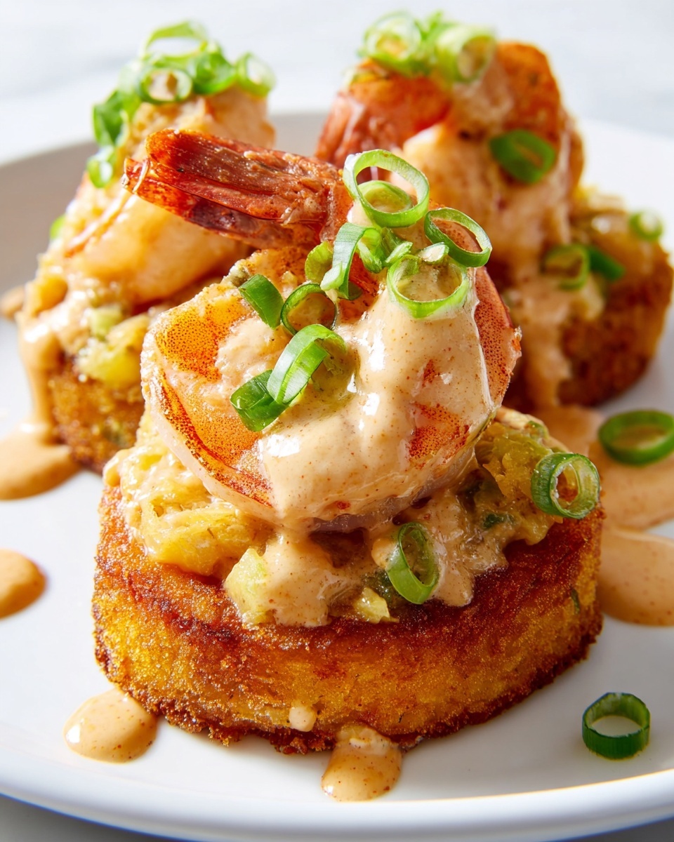 This image shows a white triangular plate with eight small round yellow cakes with a grainy texture, each topped with two grilled shrimp that have visible black grill marks and a slightly curved shape. The shrimp are arranged standing on their curved side over the cakes. Small chopped green onions are sprinkled on top of the shrimp and cakes. In the background, there is a white plate with two more shrimp cakes, a small wooden bowl of white powder, and a small white bowl filled with a reddish-brown spice. The surface is a white marbled texture under a beige cloth napkin beneath the main plate. Photo taken with an iphone --ar 4:5 --v 7
