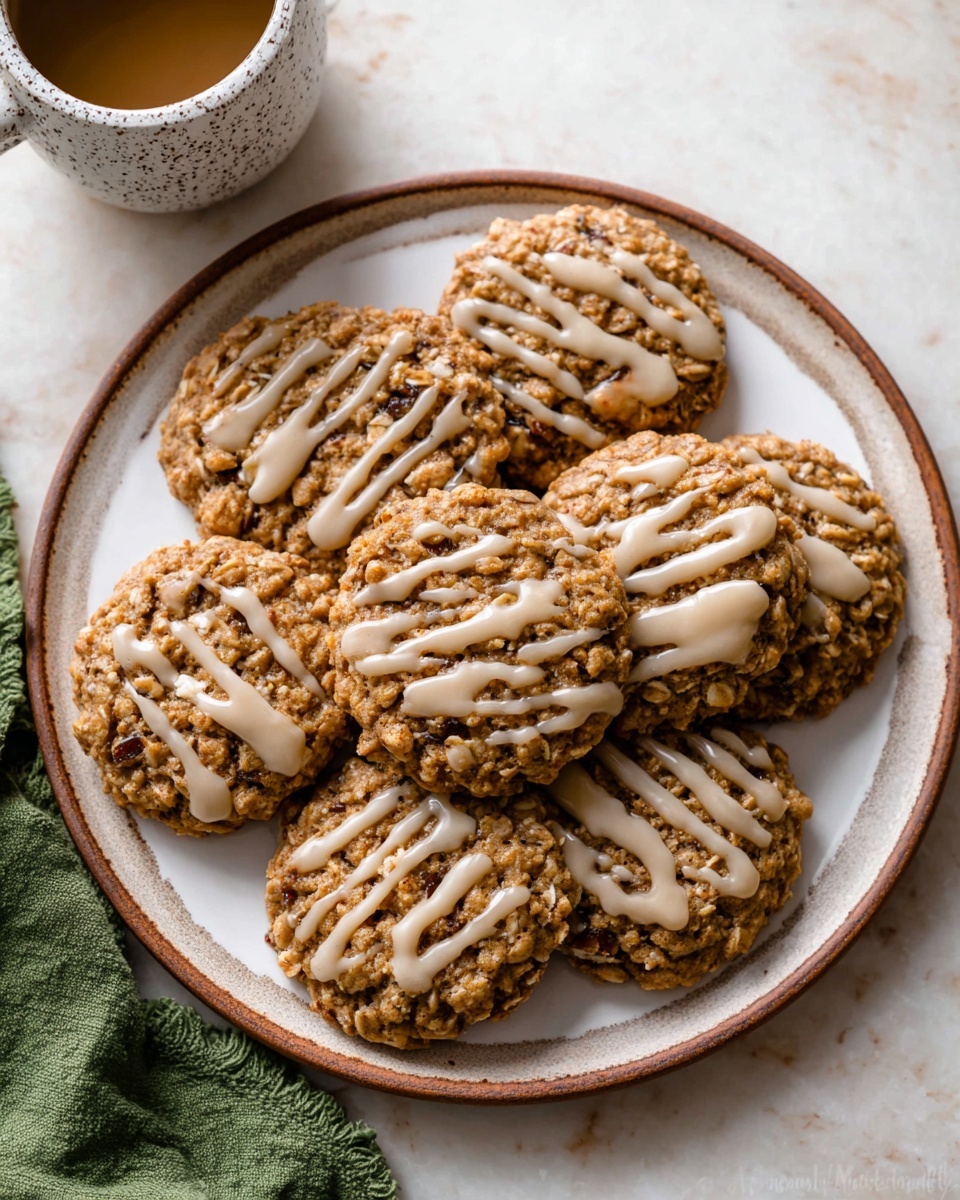 Apple Cinnamon Oatmeal Cookies with Maple Icing 1 The image shows several round oatmeal cookies with a rough, chunky texture showing bits of oats and small apple pieces inside. The cookies are light brown with a creamy glaze drizzled unevenly on top, giving a shiny, smooth contrast to the crumbly surface. One cookie is broken in half and stacked on another, showing the soft, dense inside with visible small apple chunks. The cookies are placed on crumpled white parchment paper, which lies on a white marbled surface. A small slice of green apple rests near the cookies, adding a fresh green color to the warm tones of the cookies. Photo taken with an iphone --ar 4:5 --v 7