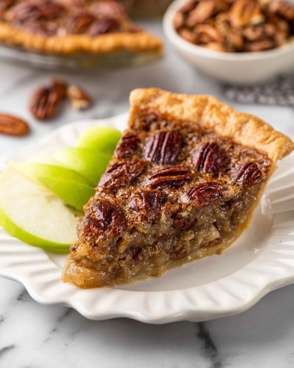 Apple Pecan Pie - Irresistible & Warm Holiday Dessert 1 A pecan pie is shown with a golden-brown crust forming the base and edges. Above the crust, there is a thick, light brown filling that looks soft and sticky. On top, there is a dense layer of whole and halved pecans, toasted to a dark brown color, covering the surface evenly. One slice is missing from the pie, showing the soft filling inside. In the background, there is a small white bowl filled with pecans and a few slices of green apple on a white marbled surface. Photo taken with an iphone --ar 4:5 --v 7