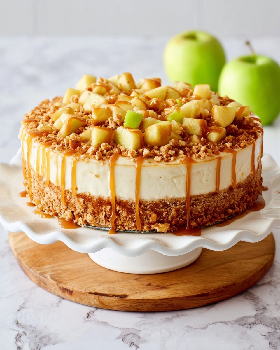 A round dessert sits on a white scalloped cake stand with a wooden board underneath, placed on a white marbled surface. The dessert has three main layers: the bottom layer is a crumbly golden-brown crust that looks crunchy, the middle layer is smooth and creamy with an off-white color, and the top layer is made of small, juicy beige apple chunks mixed with crunchy pecan bits. Light brown caramel sauce drips down the sides of the dessert, adding a glossy shine. Two green apples are blurred in the background. Photo taken with an iphone --ar 4:5 --v 7