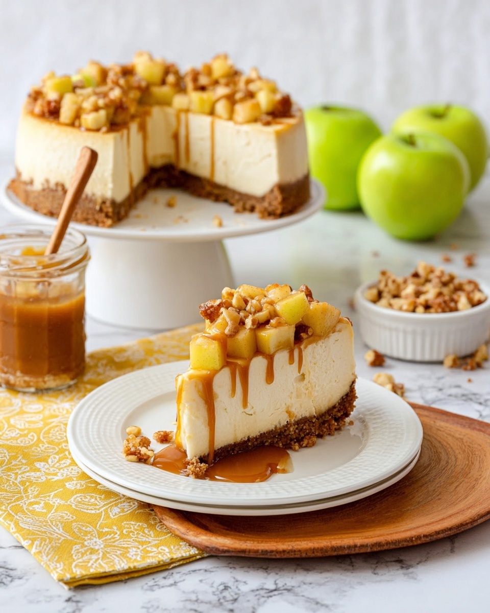 Caramel Apple Cheesecake – Delicious Autumn Dessert 1 A slice of cheesecake sits on a white plate with light concentric circle patterns, showing three layers: a crumbly brown base, a thick creamy white middle layer, and a topping of chopped light brown nuts and diced golden apple pieces drizzled with caramel sauce. Behind the slice, a white cake stand holds the rest of the cheesecake, also topped with the same chopped nuts and apple pieces, with one slice removed. To the left, a glass jar of caramel sauce with a wooden spoon inside is next to two green apples and a small white bowl of nuts. The scene rests on a white marbled surface with a yellow and white chevron cloth under the plate and two silver forks on the plate. Photo taken with an iphone --ar 4:5 --v 7